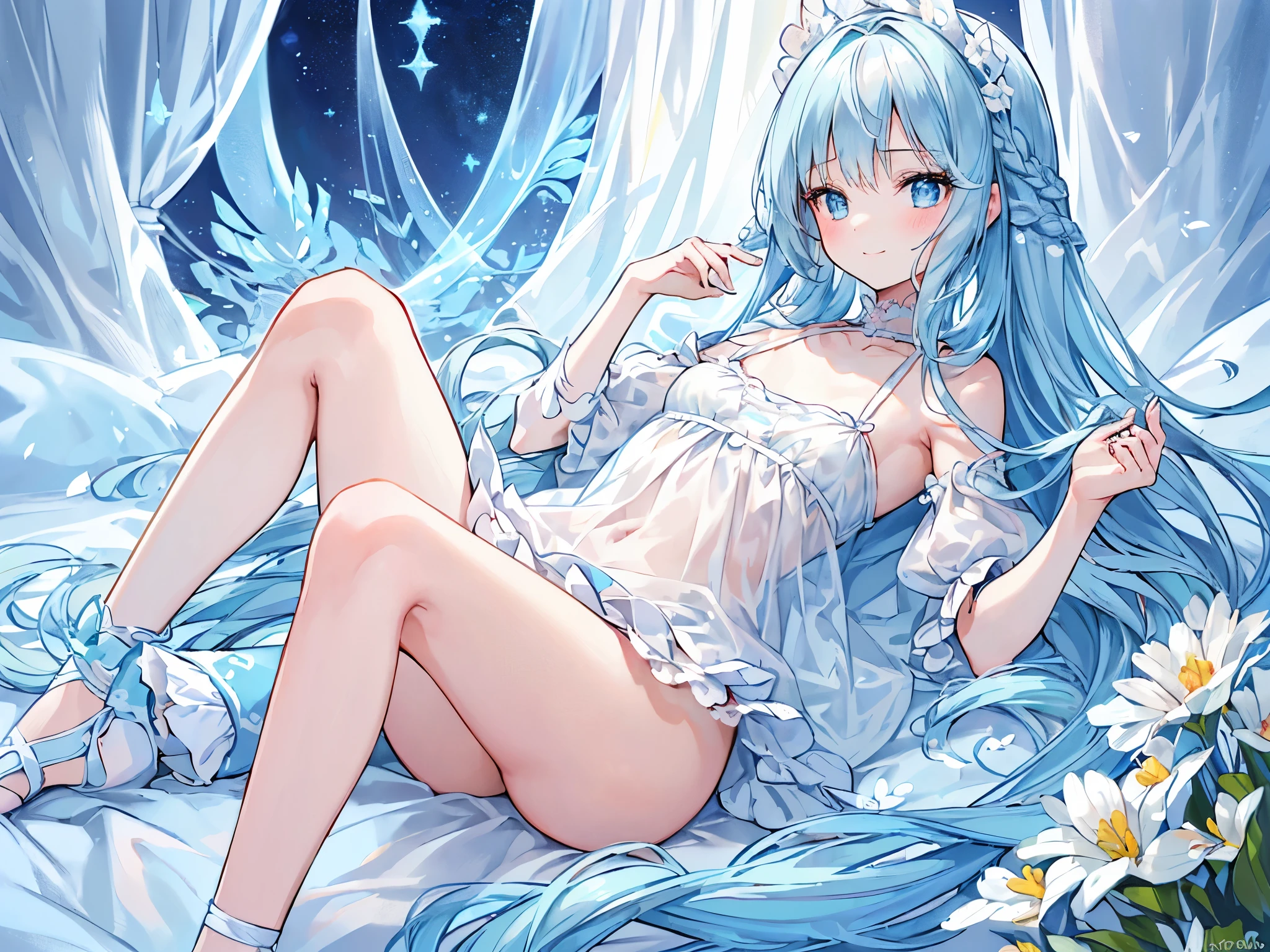 masterpiece, best quality, extremely detailed, (illustration, official art:1.1), 1 girl ,(((( light blue long hair)))), ,(((( light blue long hair)))),light blue hair, , long hair ((blush)) , cute face, big eyes, masterpiece, best quality,(((((a very delicate and beautiful girl))))),Amazing,beautiful detailed eyes,blunt bangs((((little delicate girl)))),tareme(true beautiful:1.2), sense of depth,dynamic angle,,,, affectionate smile, (true beautiful:1.2),,(tiny 1girl model:1.2),)(flat chest),For now, my head is filled with love and cuteness due to oxytocin.