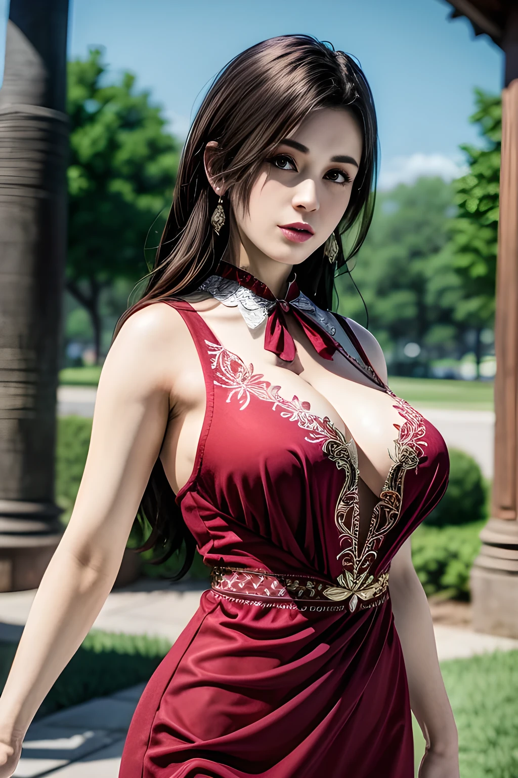 1 girl, Wearing a red dress, her dress is sleeveless, with delicate lace decorations on the shoulders and fine embroidery patterns on the chest. There is a large bow tied at the waist of the dress, adding a sense of elegance. She also wears a red shawl that matches the dress, which has complex floral embroidery and looks very gorgeous. The overall look is elegant and generous, full of nobility and romance. The background is dark, highlighting the character's clothing and temperament, (best quality,8k,highres,masterpiece:1.2),ultra-detailed,(realistic,photorealistic,photo-realistic:1.37),studio lighting,ultra-fine painting,sharp focus,physically-based rendering,extreme detail description,professional,vivid colors,,huge breasts,Sayuri