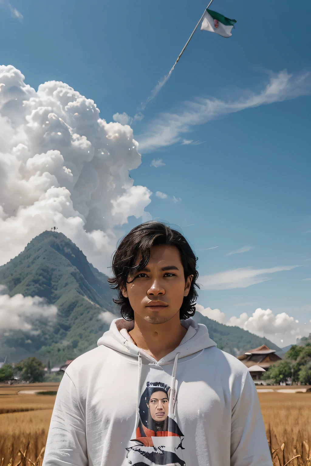 realistic caricature collage with a large image frame in the middle with several small images surrounding the frame,big picture in the center,Indonesian young man curly black hair style wesring white hoodie holding a white bamboo with the Indonesian flag flying at the top,Small pictures surround it with the theme of Indonesian independence,the background is rice fields, mountains and clouds "Dirgahayu RI 79",highly details,masterpiece,ultra HD 4k