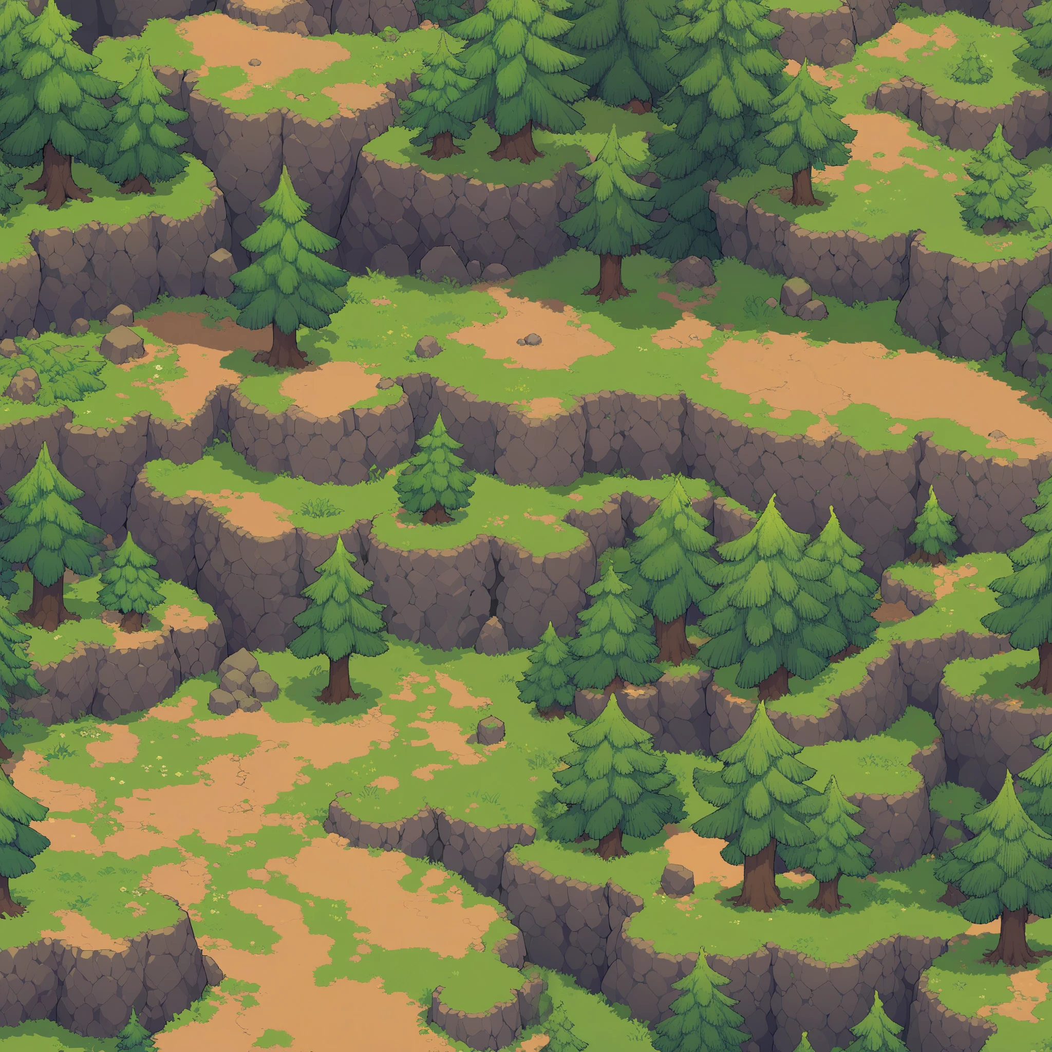 Retro video game style, pixelated, vibrant colors, 8-bit characters, blocky shapes, sharp lines, detailed shading, classic gaming vibe, nostalgic atmosphere, classic arcade games. Masterpiece:1.2, ultra-detailed, illustration style. 2D texture, stone texture, 4K seamless mud texture, video game texture, dirt texture. Game tiles, grass, 3/4th perspective trees, 3/4th perspective tileable rock texture, 3/4th perspective tileable cliff formations, tileable trees, top-down view, tileable texture. Very detailed cliff texture, intricate stones.
Mountain Terrain: Diverse mountain shapes and elevations, including peaks, ridges, and valleys.
Texture Detail: High resolution with intricate details like rocky surfaces, crags, and natural erosion patterns.
Seamless Pattern: Ensure that the edges of the tile seamlessly align with adjacent tiles to create a continuous and coherent mountain range when repeated