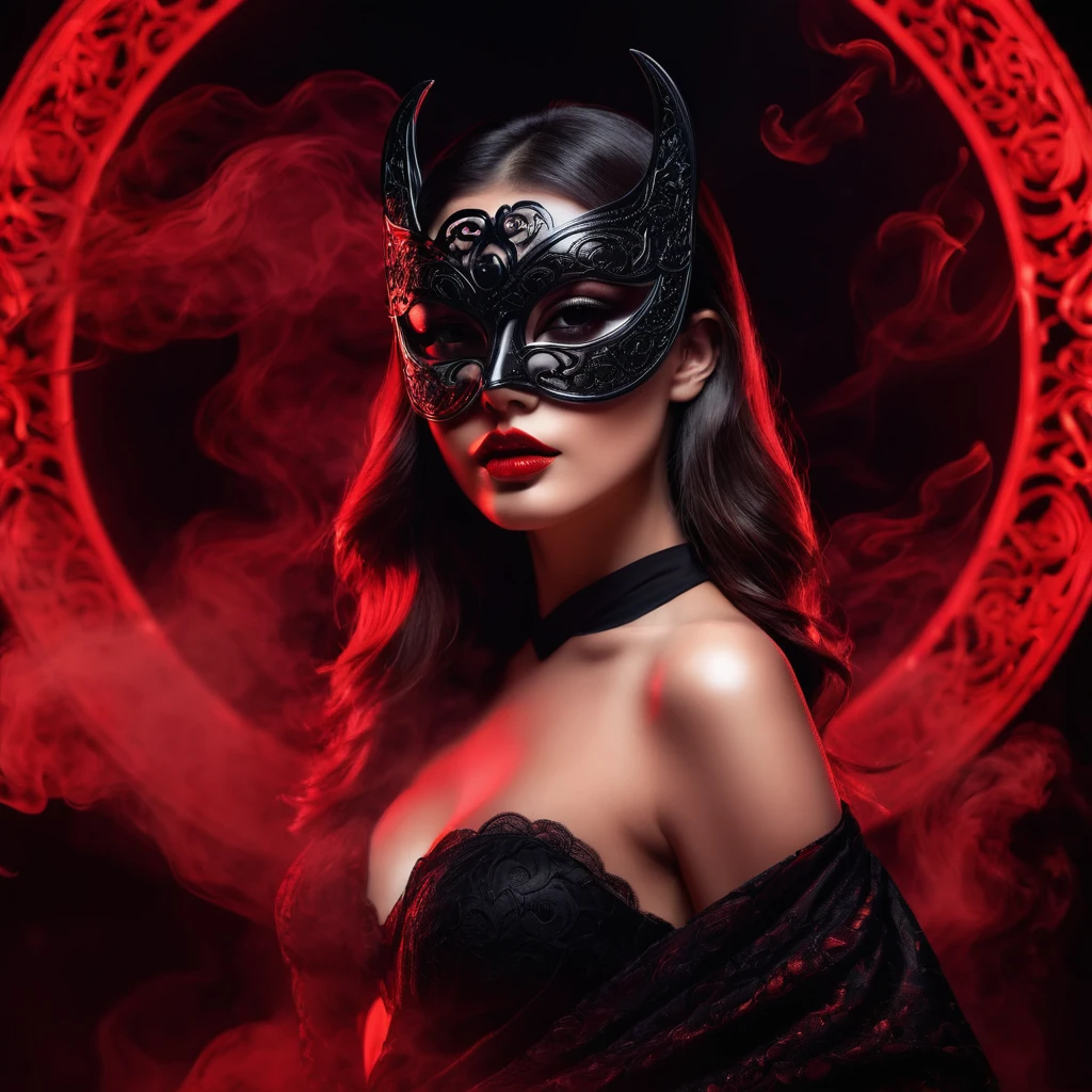 woman with a sensual mask, fashion sexy, black moon background, 8K, red light, smoke