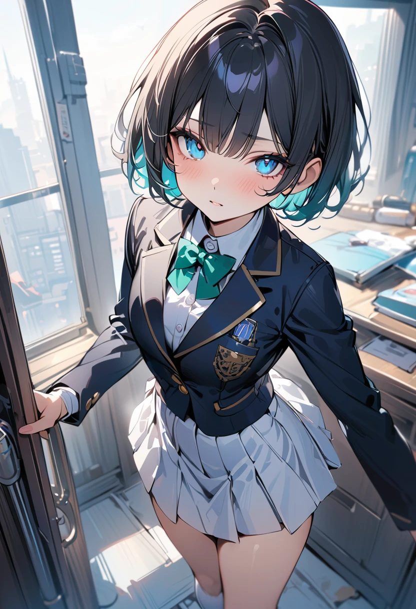 (masterpiece, best quality:1.5), (high resolution 8K), detailed eyes and face, detailed body,
BREAK (extra short hair:2.0), blunt bangs, black hair, (inner green color hair:1.2), Blue eyes, , small breast,
BREAK expressionless,
BREAK school uniform, blazer, white shirt, skirt, white socks,
BREAK standing, model posing, dynamic angle,