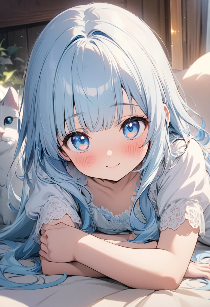 masterpiece, best quality, extremely detailed, (illustration, official art:1.1), 1 girl ,(((( light blue long hair)))), ,(((( light blue long hair)))),light blue hair, , long hair ((blush)) , cute face, big eyes, masterpiece, best quality,(((((a very delicate and beautiful girl))))),Amazing,beautiful detailed eyes,blunt bangs((((little delicate girl)))),tareme(true beautiful:1.2), sense of depth,dynamic angle,,,, affectionate smile, (true beautiful:1.2),,(tiny 1girl model:1.2),)(flat chest),best quality, masterpiece, cat and mouse taking a nap, feeling safe when they are close together, friendly, cute, cute pose, pastel color fluffy image effect background