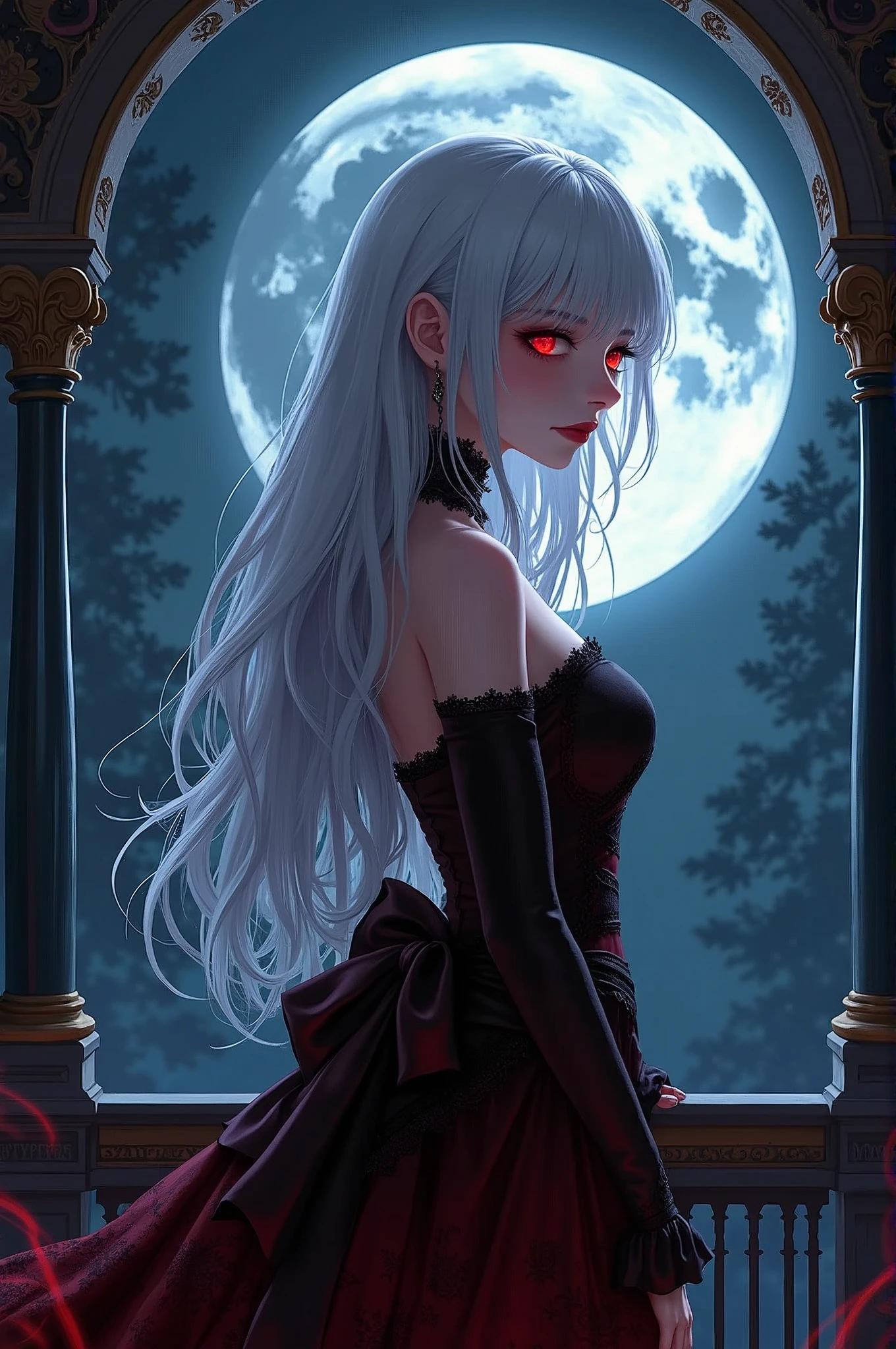 I will draw a scene where a girl who is a vampire reveals her true identity against a moonlit night sky.,(,1 girl,She is a girl with white hair and dark red eyes.,girl is a vampire,(extremely kind face:1.6),face seen from the side,perfect face,beautiful,gorgeous gothic loli dress,anatomically correct,perfect anatomy,),create an artistic background,A castle balcony deep in the forest,Luxurious decoration in Rococo style,Use black and red as main colors,(masterpiece:1.3),(highest quality:1.4),(ultra detailed:1.5),High resolution,extremely detailed,unity 8k wallpaper,decadent