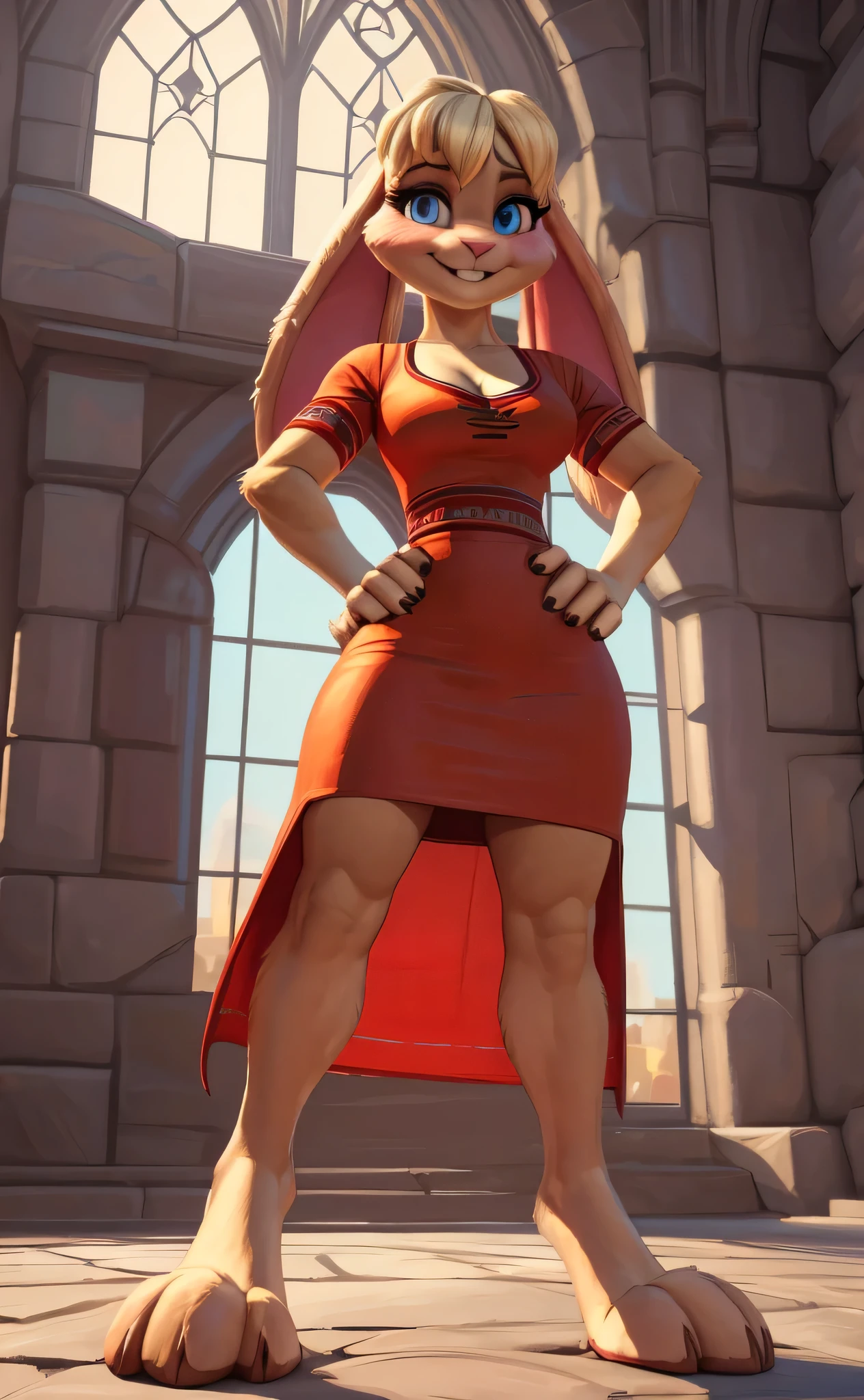 [bianca], [Uploaded to e621.net; (Pixelsketcher), (wamudraws)], ((masterpiece)), ((HD)), ((high res)), ((solo portrait)), ((front view)), ((low angle view)), ((feet visible)), ((mystical)), ((detailed fur)), ((detailed shading)), ((beautiful render art)), {(slim athletic figure), (beige fur), (blonde bang), (long rabbit ears), (cute blue eyes), (long eyelashes), (beautiful legs), (beautiful paw feet), (blushing), (cute wide smile)}, {(orange pencil dress), (cleavage)}, {(standing), (hands on hips), (looking at viewer)}, [ambient lighting, castle, stained glass windows, sun rays]