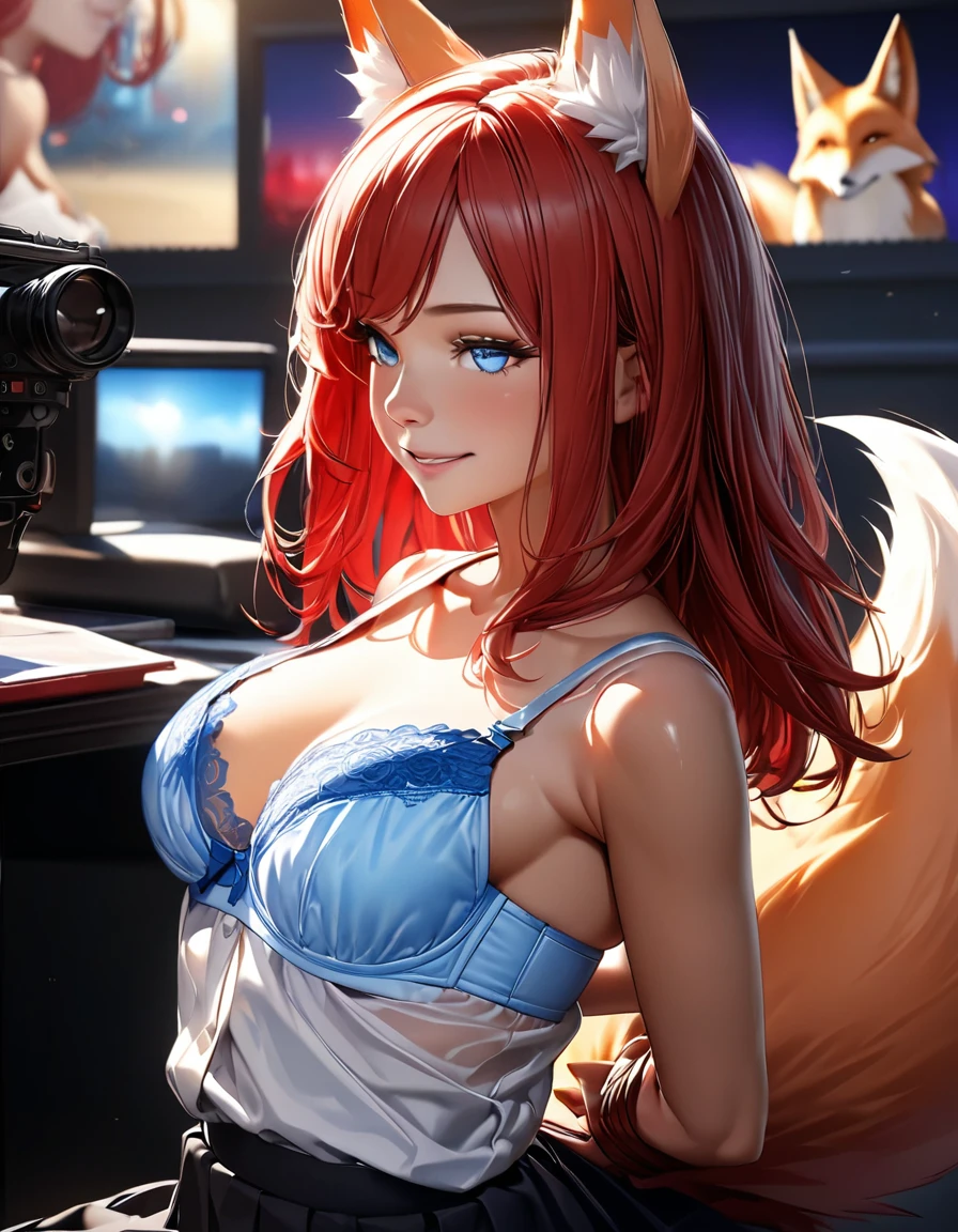 (A cute 21-year-old fox girl with blue eyes, long red hair, fox ears, and a fox tail. She is cheerful, very kind, friendly, and happy. She is wearing a white blouse hanging down, sitting erotically on an office desk, with a blue bra and underwear, and elegant bright red high heels:1.2), Focus on her pose. (quality: 10, detail: 10, background detail: 8, Masterpiece 1.4, Ultra-detailed, High resolution, 8K, Photorealistic, Intricate details, Sharp focus, Vivid colors, Professional lighting, Award-winning, Highly detailed, Cinema quality, Beautiful composition)
,sharp focus, perfect hands, perfect light,bound arms, arms behind back,Hochauflösung, Meisterwerk, Beste Qualität, Mehrfach ausgezeichnet, HD-Modell, , Hohe Qualität, UHD, Strukturierte Haut, Super detailliert, 