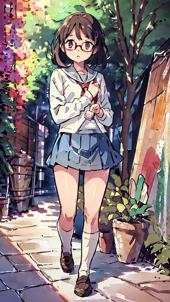 Nsfw、masterpiece, high quality, 4K, HDR,, Stable Diffusion prompt: schoolgirl with short、brown hair and red-framed glasses, wearing a white blouse and navy skirt, white panties visible, navy socks and brown loafers, in a state of arousal and trembling with sexual climax,simple illustration style, in a nichijou (everyday life) setting