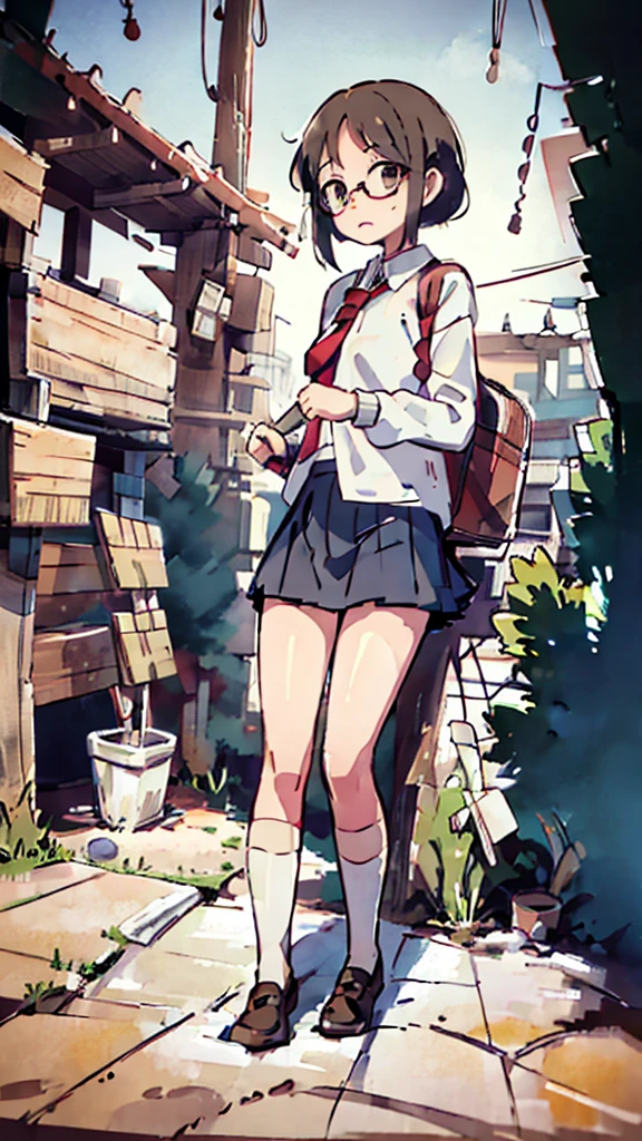 Nsfw、masterpiece, high quality, 4K, HDR,, Stable Diffusion prompt: schoolgirl with short、brown hair and red-framed glasses, wearing a white blouse and navy skirt, white panties visible, navy socks and brown loafers, in a state of arousal and trembling with sexual climax,simple illustration style, in a nichijou (everyday life) setting