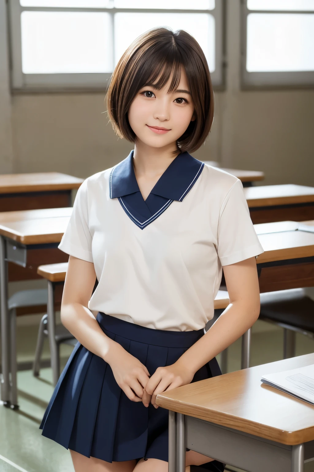 Highest quality, Face Focus, Soft Light, Ultra-high resolution, (Realistic:1.4), RAW Photos, 1 Japanese girl, alone, cute, (A shy smile:0.5), (Brown eyes, Light in your eyes), Beautiful face in every detail, (Small box),(High resolution detail of human skin texture), (Short Bob Hair), break, In the classroom,Navy uniform, Best, skirt