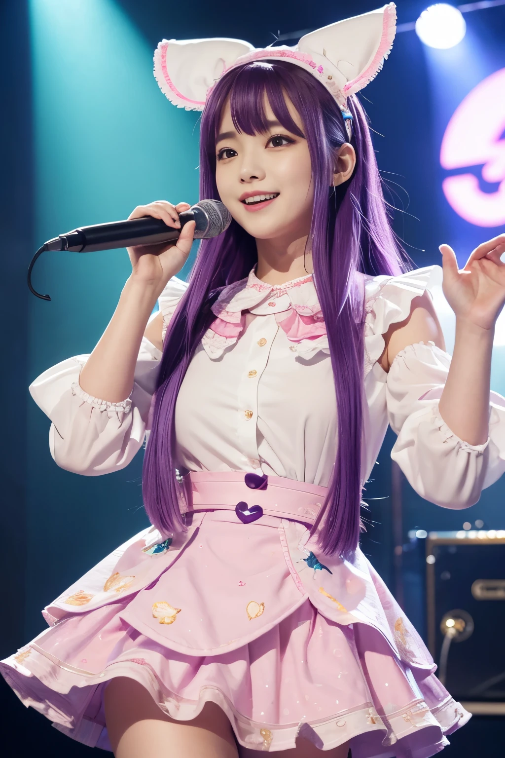 This image contains、At the center is a dynamic and vibrant anime-style female character。She has long, flowing purple hair、She has a cute white rabbit and star-shaped hair accessory.。Large, expressive purple eyes with star-shaped pupils、She is winking with a confident and bright expression.。The character is wearing a bright pink idol outfit.、The sleeves and skirt have ruffles、Accented with white and pale pink details。She has a microphone in her right hand、While holding it up towards your mouth、He is pointing straight at the audience with his left hand.。The background is filled with dynamic colorful patterns and sparkling glitter.、It highlights the energetic and vibrant atmosphere of the concert.。The light source is mainly from the front.、Illuminating her face and upper body、It creates subtle shadows that accentuate the depth and movement of the scene.。The viewpoint is slightly tilted、It adds a sense of action and engagement.。