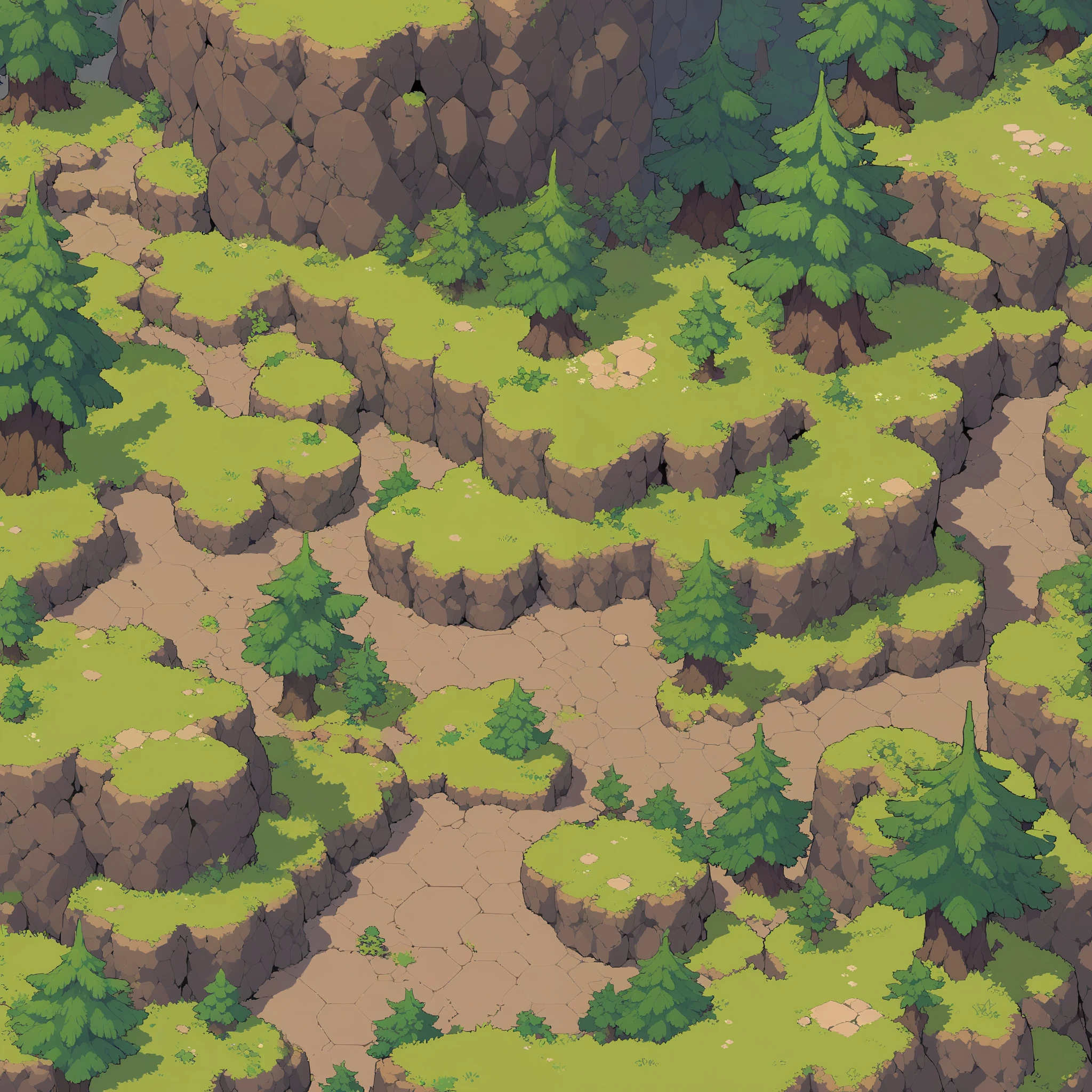 Retro video game style, pixelated, vibrant colors, 8-bit characters, blocky shapes, sharp lines, detailed shading, classic gaming vibe, nostalgic atmosphere, classic arcade games. Masterpiece:1.2, ultra-detailed, illustration style. 2D texture, stone texture, 4K seamless mud texture, video game texture, dirt texture. Game tiles, grass, 3/4th perspective trees, 3/4th perspective tileable rock texture, 3/4th perspective tileable cliff formations, tileable trees, top-down view, tileable texture. Very detailed cliff texture, intricate stones.
Mountain Terrain: Diverse mountain shapes and elevations, including peaks, ridges, and valleys.
Texture Detail: High resolution with intricate details like rocky surfaces, crags, and natural erosion patterns.
Seamless Pattern: Ensure that the edges of the tile seamlessly align with adjacent tiles to create a continuous and coherent mountain range when repeated