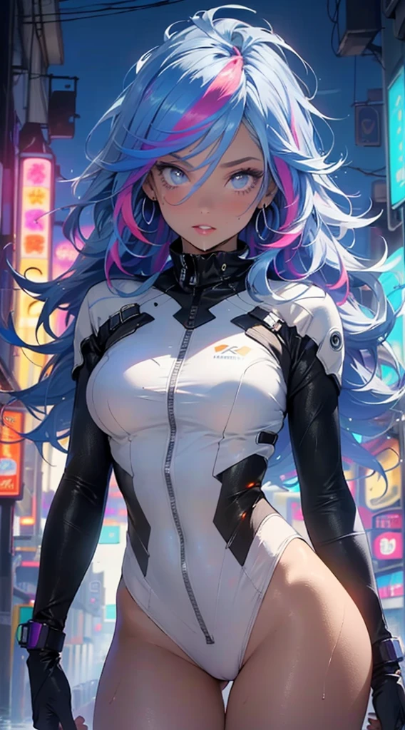cyberpunk girl,(((1 girl))),((Beautiful and beautiful rainbow haired girl)),

(Colorful hair:1.5), (all the colors of the rainbow:1.5),crystal clear eyes,rainbow color gradient hits:1.5,(rainbow colored hair:1.5), color splash, color explosion, (showy), face paint, ((streaked hair)),(Gradient color eyes),(((showy eyes))),

(big breasts:1.4),sagging breasts,me,((multicolor_hair:1.3)), ((rainbow hair:1.3)),((hair hits:1.3)),((hair with the seven colors of the rainbow:1.3)),((straight hair:1.3)),((very straight hair,very_long hair:1.5)),((The beauty of extra-long hair)),((Super long straight hair)),((hits)),(((neon rainbow eyes:1.3))),Intricate eyes,beautiful detailed eyes,symmetrical eyes,((gordo)),(((shiny skin:1.5,shiny skin: 1.5,tanned skin,shiny skin,very shiny skin,shiny body,plastic glitter skin,exaggerated shiny skin,illuminated skin,wet legs))),(spider lower abdomen,narrow waist,wide hip,athletic body,inflated legs, thick thighs,detailed body,(detailed face)),

Beautiful,horny,Erotic,((NSFW)),

White pilot suit,white cyber suit,absurdities,long legs,neckline,(((wet clothes,Intricate outfit,Intricate clothes))),

(hypnotized pose:1.0),hypnotized,(centered,Scale to fit dimensions,rule of thirds),

cyberpunk city by the ocean at night, with bright neon signs and dark stormy clouds and puddles, scenery:1.25,evening, starry Night, cosmos,evening very oscura que resalta las luces de neón., very bright neon lights,evening, starry Night, cosmos,

artistic photography,(photograph taken by sldr),High resolution, sharp focus,(ultra detailed, extremely detailed), (photorealistic artwork:1.37),(extremely detailed CG unity 8k wallpaper),((synthwave background theme)),(((vibrant colors))),Intricate,(Intricate background),(masterpiece),(Best Quality)