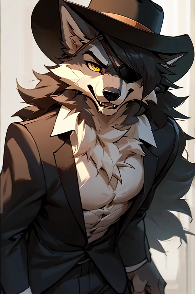 close up POV, furry, anthro, wolf, wolf ears, fluffy wolf tail, (grey and white fur), long black curly hair, hair covering one eye, messy fur, neck floof, scars covering body, sharp yellow eyes, razor sharp teeth, slim body, handsome, wearing a black eye patch, black wide brimmed hat, pinstripe suit and black chelsea boots, mobster, posing, black and white background, tough and serious expression, looking up at camera, ((best quality, 4K, UHD, masterpiece,)), alone, 