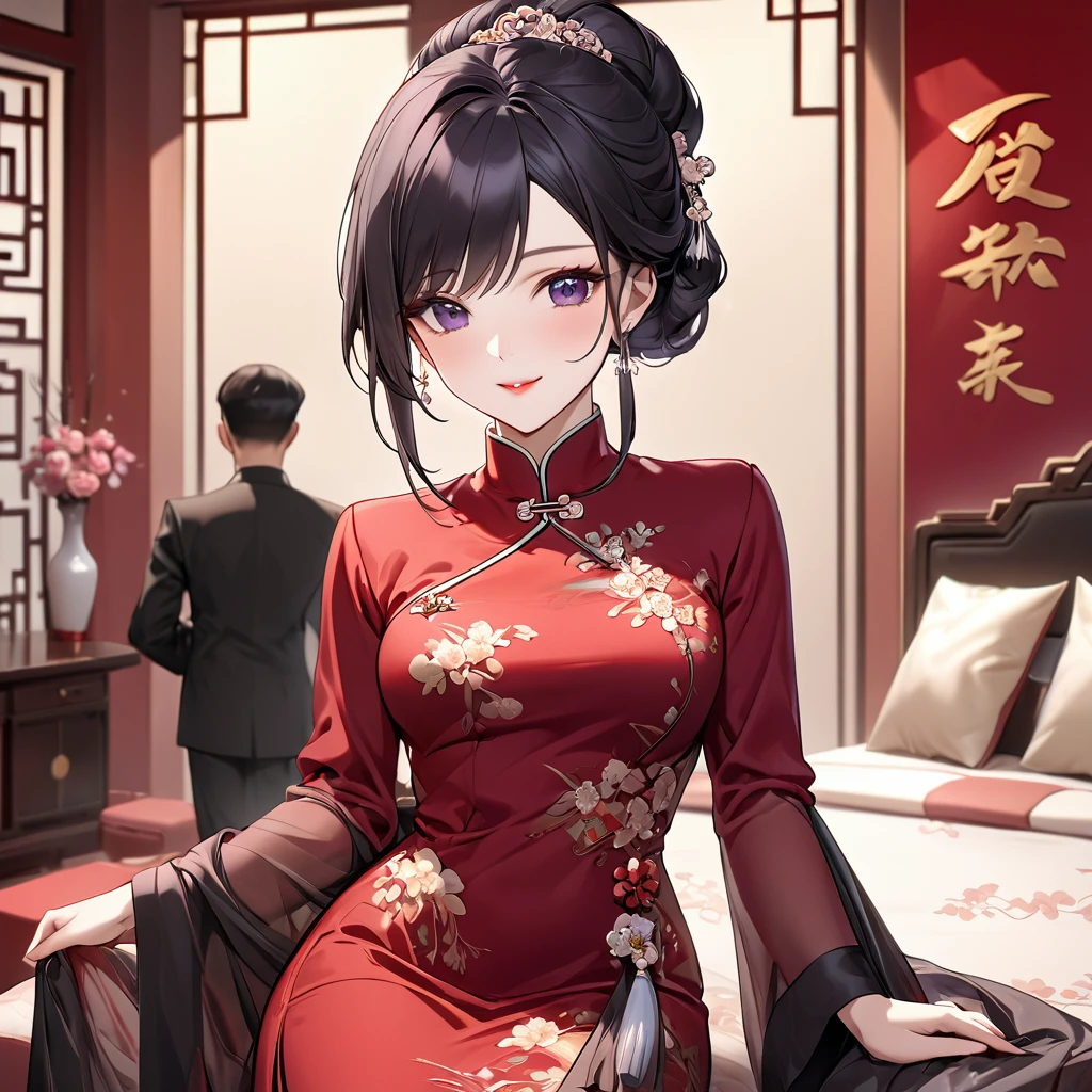((Highest quality)), ((masterpiece)), (detailed), (Perfect Face)、The woman is a Chinese woman named Kocho Shinobu.。, Purple gradient bob black hair and formal evening hairstyles. She is wearing an engagement ring. She is a prominent member of the Chinese Communist Party.、She is the honored wife of a great old Communist Party cadre.、The woman is beautifully dressed in a gorgeous and glamorous vintage red cheongsam, typical of the Chinese Communist Party.、An elegant Chinese lady in a posh room、A woman is a wonderful Chinese lady who loves and devotes herself to her husband, a good wife and mother, and the supreme joy of serving her husband and China is the absolutism of the Chinese Communist Party.