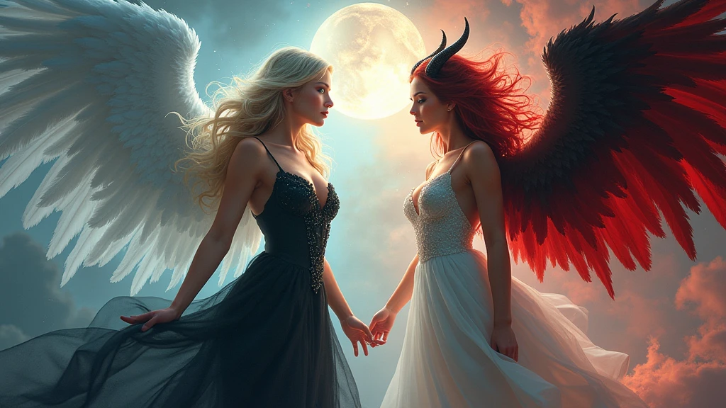 (highest quality, masterpiece, High resolution), 16K, fantasy art, RPG art a facial picture of (((2 women))), BREAK a (1female angel: 1.3) , wearing intricate dress glam dress, (black dress: 1.3) pale skin, best details beautiful face , (blond: 1.2)  hair, long hair wavy hair  (blue: 1.1) eyes, high heeled boots,  large angelic wings, (white: 1.2) angelic wings spread BREAK ((AND))  a (1female demon: 1.3), (red: 1.4) skin, demonic wings, (black: 1.1) demonic wings spread, demonic horns, (red: 1.1) skin, black hair, red eyes, best details beautiful face, wearing a intricate dress glam dress, (white dress: 1.3), high heels, in the border between heaven and hell, moon, stars, clouds, god rays, soft natural light silhouette, dynamic angle,  photorealism, panoramic view (Masterpiece 1.3, intense details) , Wide-Angle, Ultra-Wide
