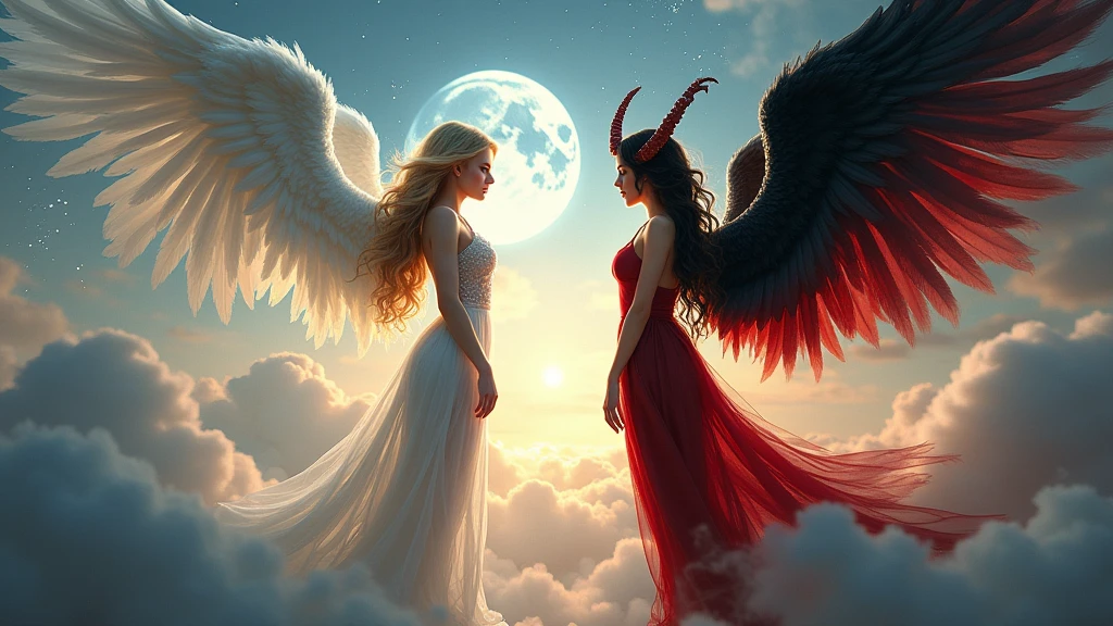 (highest quality, masterpiece, High resolution), 16K, fantasy art, RPG art a facial picture of (((2 women))), BREAK a (1female angel: 1.3) , wearing intricate dress glam dress, (black dress: 1.3) pale skin, best details beautiful face , (blond: 1.2) hair, long hair wavy hair (blue: 1.1) eyes, high heeled boots, large angelic wings, (white: 1.2) angelic wings spread BREAK ((AND)) a (1female demon: 1.3), (red: 1.4) skin, demonic wings, (black: 1.1) demonic wings spread, demonic horns, (red: 1.1) skin, black hair, red eyes, best details beautiful face, wearing a intricate dress glam dress, (white dress: 1.3), high heels, in the border between heaven and hell, moon, stars, clouds, god rays, soft natural light silhouette, dynamic angle, photorealism, panoramic view (Masterpiece 1.3, intense details) , Wide-Angle, Ultra-Wide