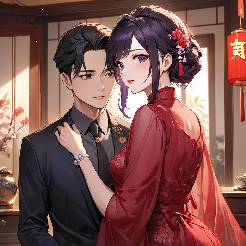 ((Highest quality)), ((masterpiece)), (detailed), （Perfect Face）、The woman is a Chinese woman named Kocho Shinobu.。, Purple gradient bob black hair and formal evening hairstyles. She is wearing an engagement ring. She is a prominent member of the Chinese Communist Party.、She is the honored wife of a great old Communist Party cadre.、The woman is beautifully dressed in a gorgeous, glamorous red see-through nightgown typical of the Chinese Communist Party.、An elegant Chinese lady in a posh room、A woman is a wonderful Chinese lady who loves and devotes herself to her husband, a good wife and mother, and the supreme joy of serving her husband and China is the absolutism of the Chinese Communist Party.