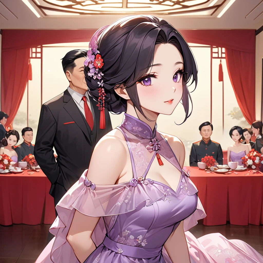 ((Highest quality)), ((masterpiece)), (detailed), （Perfect Face）、The woman is a Chinese woman named Kocho Shinobu.。, Purple gradient bob black hair and formal evening hairstyles. She is wearing an engagement ring. She is a prominent member of the Chinese Communist Party.、She is the honored wife of a great old Communist Party cadre.、The woman is beautifully dressed in a gorgeous, glamorous red see-through nightgown typical of the Chinese Communist Party.、An elegant Chinese lady in a posh room、A woman is a wonderful Chinese lady who loves and devotes herself to her husband, a good wife and mother, and the supreme joy of serving her husband and China is the absolutism of the Chinese Communist Party.