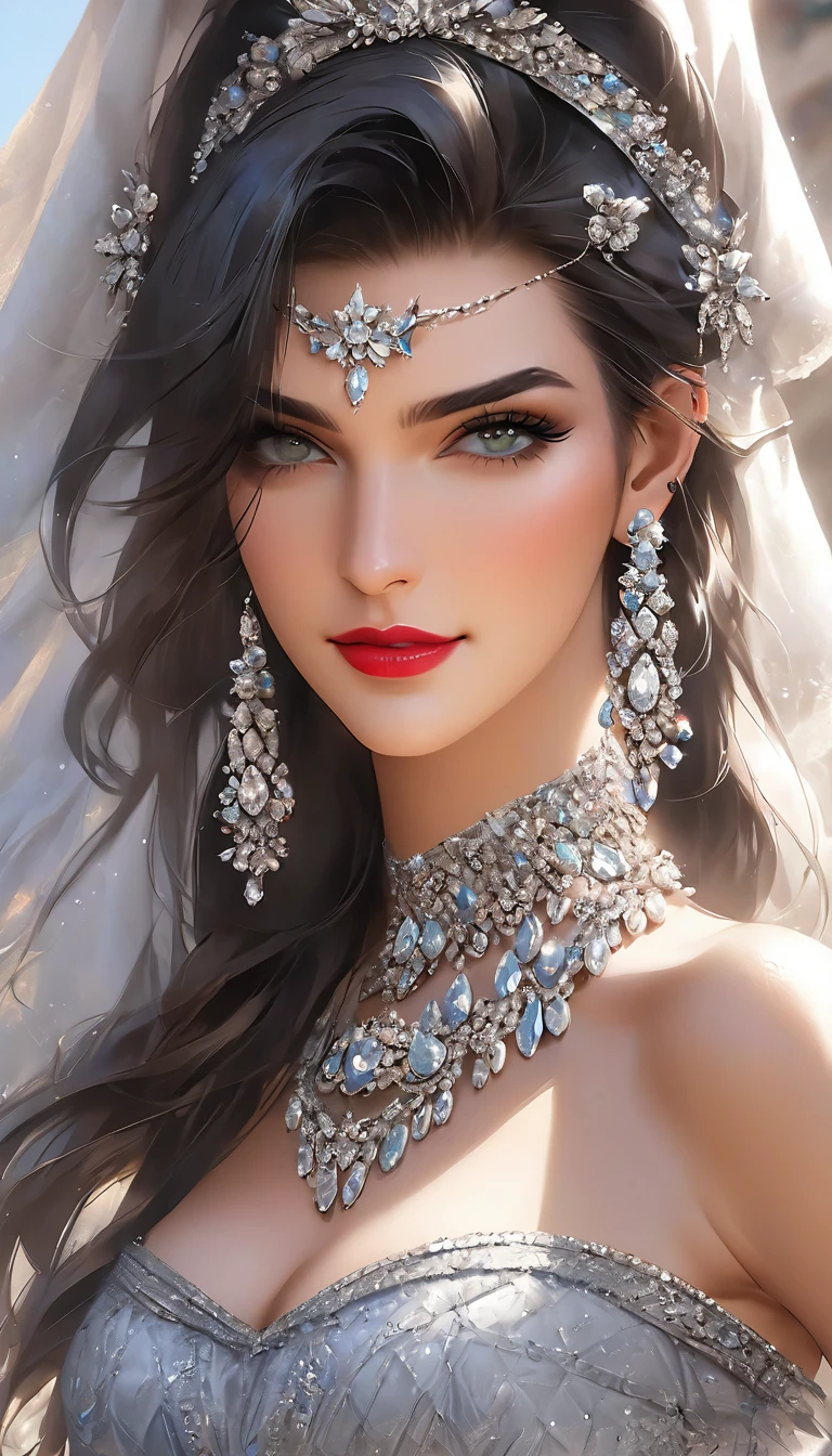 , inspired by Emma Andijewska, draped in crystals, silver color, long earrings, sandra chevier, huge earrings, blue-eyed, platinum jewellery, earring, flawless structure, silver earring,  , a woman, Kriti Sanon, outdoors, realistic skin texture, smiling,   post-processing, Maximum texture, masterpiece, ultra-detailed, photorealistic, realistic, real picture, hyperrealism, Sharp focus, insane details, intricate details,  full sharp, detailed face, realistic eyes,simple white stucco background  ,big hoop  earrings, makeup,white skin,sharp jawline ,big earrings, oversized earrings,big breasts,full body view , necklace, eyeliner, eyeshadow, foundation, jewelry,bangles, anklet,silky black blunt hair ,face makeup, eyeliner,red lipstick , printed green bra ,jeans