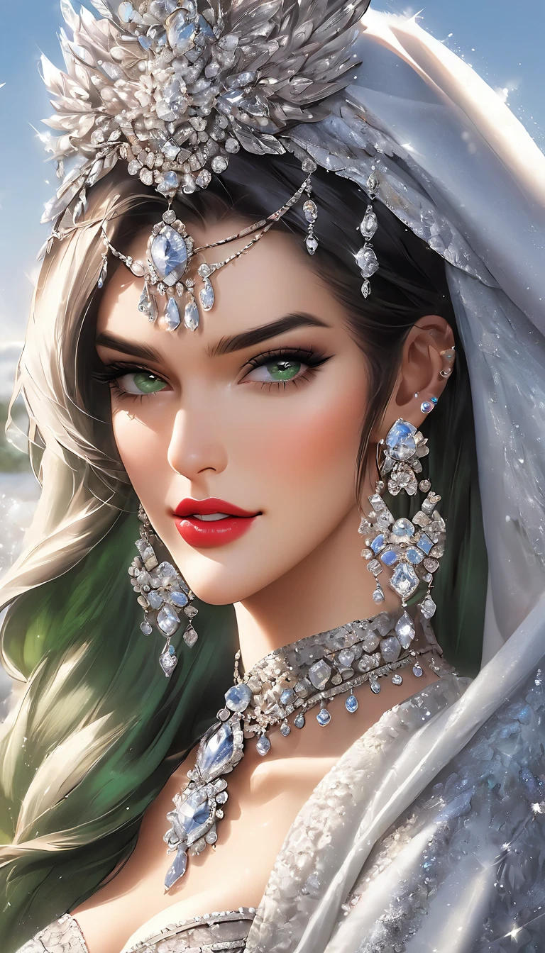 , inspired by Emma Andijewska, draped in crystals, silver color, long earrings, sandra chevier, huge earrings, blue-eyed, platinum jewellery, earring, flawless structure, silver earring, , a woman, Kriti Sanon, outdoors, realistic skin texture, smiling, post-processing, Maximum texture, masterpiece, ultra-detailed, photorealistic, realistic, real picture, hyperrealism, Sharp focus, insane details, intricate details, full sharp, detailed face, realistic eyes,simple white stucco background ,big hoop earrings, makeup,white skin,sharp jawline ,big earrings, oversized earrings,big breasts,full body view , necklace, eyeliner, eyeshadow, foundation, jewelry,bangles, anklet,silky black blunt hair ,face makeup, eyeliner,red lipstick , printed green bra ,jeans