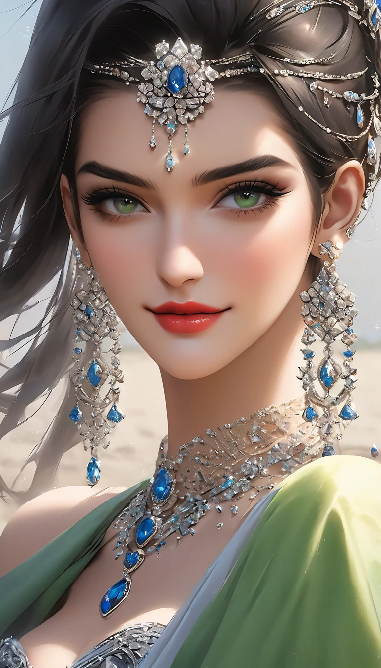 , inspired by Emma Andijewska, draped in crystals, silver color, long earrings, sandra chevier, huge earrings, blue-eyed, platinum jewellery, earring, flawless structure, silver earring,  , a woman, Kriti Sanon, outdoors, realistic skin texture, smiling,   post-processing, Maximum texture, masterpiece, ultra-detailed, photorealistic, realistic, real picture, hyperrealism, Sharp focus, insane details, intricate details,  full sharp, detailed face, realistic eyes,simple white stucco background  ,big hoop  earrings, makeup,white skin,sharp jawline ,big earrings, oversized earrings,big breasts,full body view , necklace, eyeliner, eyeshadow, foundation, jewelry,bangles, anklet,silky black blunt hair ,face makeup, eyeliner,red lipstick , printed green bra ,jeans