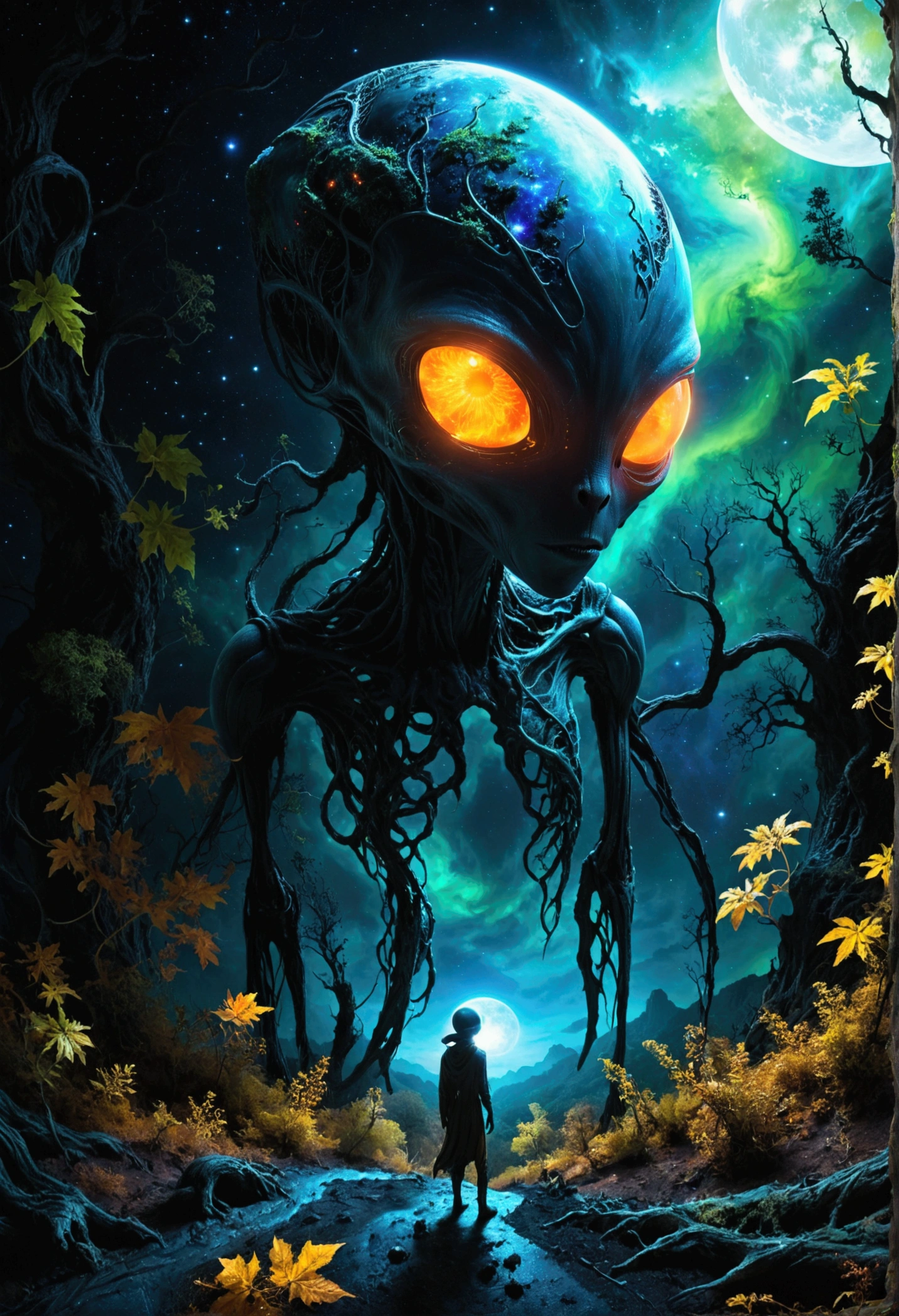 (Best quality,8k,high resolution,masterpiece:1.2),Super detailed,alien forest,harsh environment,(((Night,恐怖的外星Night,Black Light Art))), An extraterrestrial being from a distant galaxy, displaying impressive supernatural abilities, is silently observing human activities. This entity, shrouded in an aura of mystery and power, emanates glowing energy and distinctly non-human features. Its keen eyes are scanning the globe, absorbing the intricacies of human culture and life. The scene is set against the vast backdrop of the cosmos, with the Earth illuminated in all its beauty and diversity. This alien, unlike any earthly life form, symbolizes a paradox of being an outsider yet so deeply engrossed in human life.Fantasy landscape,Dark depressing colors,Fluorescent atmosphere,异想天开的Alien Creatures,otherworldly plants,Horrible scenery,Mysterious aura,Alien Creatures,Mesmerizing charm,Ethereal atmosphere,Surreal elements,Cosmic Energy,Fantasy realm,Dreamlike environment,Surreal creatures,Horror Forest,Imaginary worlds,Amazing alien terrain,Mood lighting,Vibrant Leaves,otherworldly glow,captivating details,Complex texture,Vibrant colors