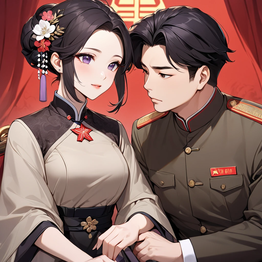 ((Highest quality)), ((masterpiece)), (detailed), (Perfect Face)、The woman is a Chinese woman named Kocho Shinobu.。, Purple gradient bob black hair and formal evening hairstyles. She is wearing an engagement ring. She is a prominent member of the Chinese Communist Party.、She is the honored wife of a great old Communist Party cadre.、Women are beautifully dressed in the khaki Mao suits of the Chinese Communist Party、An elegant Chinese lady in a posh room、A woman is a wonderful Chinese lady who loves and devotes herself to her husband, a good wife and mother, and the supreme joy of serving her husband and China is the absolutism of the Chinese Communist Party.