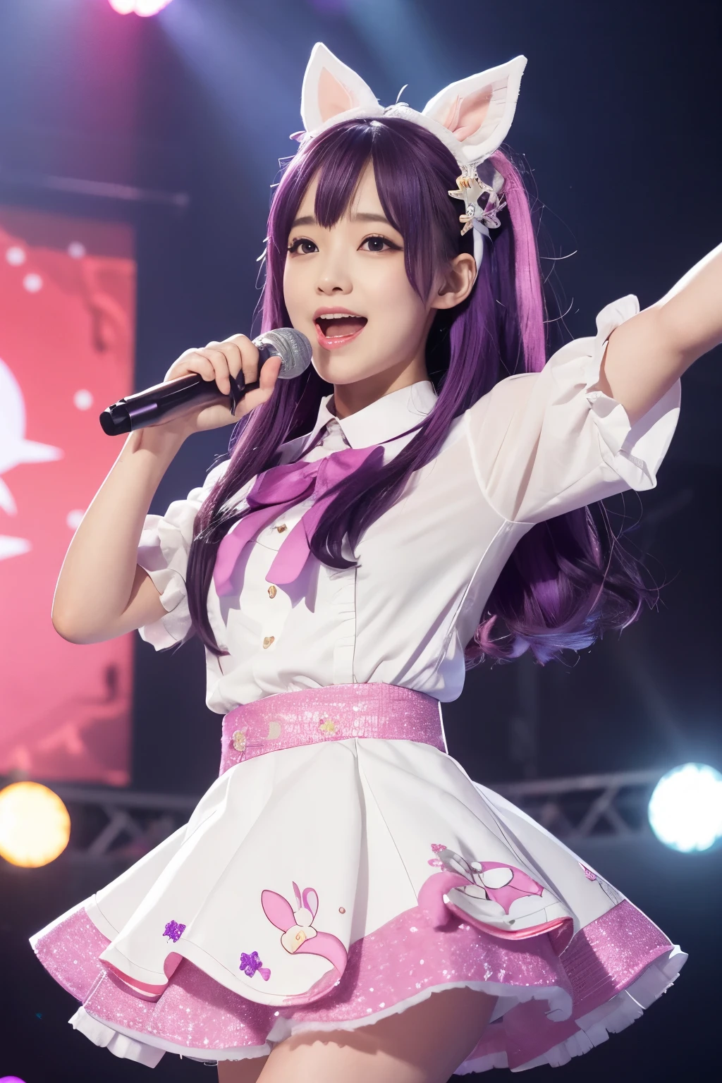 This image contains、At the center is a dynamic and vibrant anime-style female character。She has long, flowing purple hair、She has a cute white rabbit and star-shaped hair accessory.。Large, expressive purple eyes with star-shaped pupils、She is winking with a confident and bright expression.。The character is wearing a bright pink idol outfit.、The sleeves and skirt have ruffles、Accented with white and pale pink details。She has a microphone in her right hand、While holding it up towards your mouth、He is pointing straight at the audience with his left hand.。The background is filled with dynamic colorful patterns and sparkling glitter.、It highlights the energetic and vibrant atmosphere of the concert.。The light source is mainly from the front.、Illuminating her face and upper body、It creates subtle shadows that accentuate the depth and movement of the scene.。The viewpoint is slightly tilted、It adds a sense of action and engagement.。
