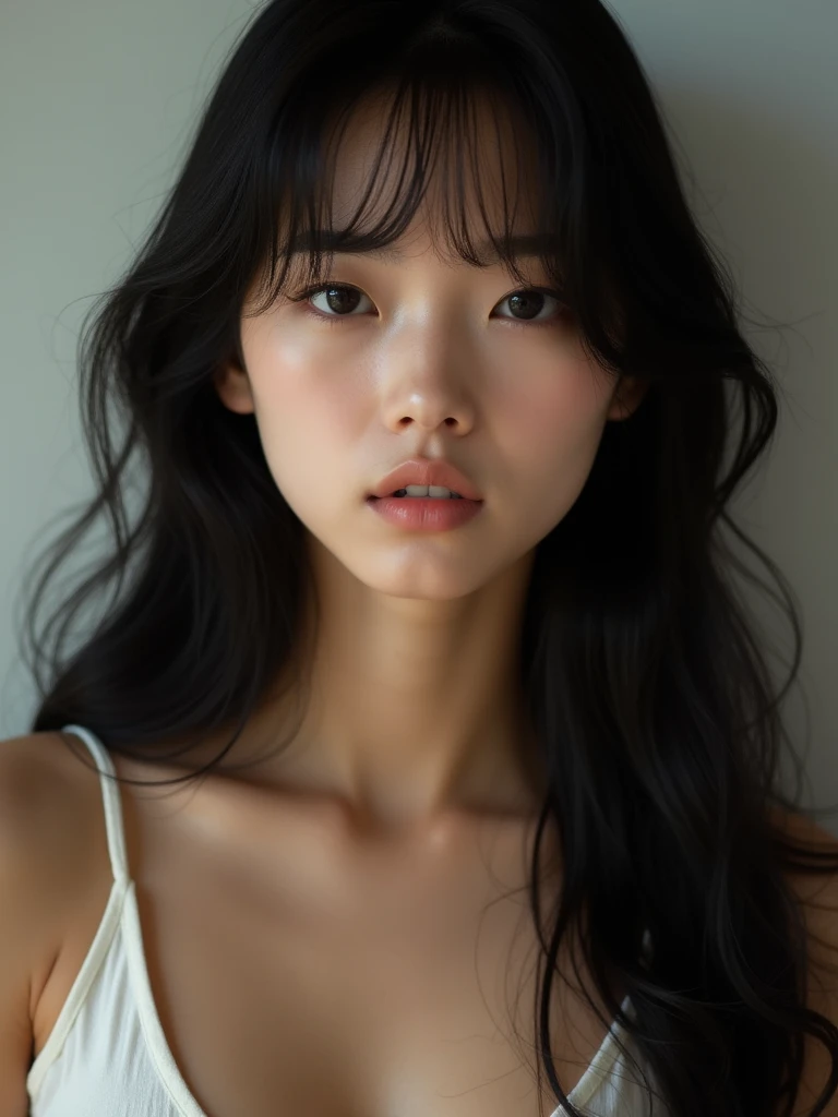 (masterpiece), 8k, 4k, uhd, high quality, (beautiful and delicate girl), beautiful and delicate light, (beautiful and delicate eyes), mysterious, (dark brown eyes), (dark black long hair), large breasts, 1girl, asian, 1female, 26 yo japanese woman, frontal shot, soft expression, tan skin, top tank shirt, simple_background, young beauty, cute, portrait, front face, face, zoom in, sensual eyes, sensual look,