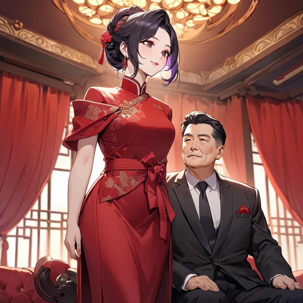 ((Highest quality)), ((masterpiece)), (detailed), (Perfect Face)、The woman is a Chinese woman named Kocho Shinobu.。, Purple gradient bob black hair and formal evening hairstyles. She is wearing an engagement ring. She is a prominent member of the Chinese Communist Party.、She is the honored wife of a great old Communist Party cadre.、The woman is beautifully dressed in a gorgeous red formal suit, typical of the Chinese Communist Party.、An elegant Chinese lady in a posh room、A woman is a wonderful Chinese lady who loves and devotes herself to her husband, a good wife and mother, and the supreme joy of serving her husband and China is the absolutism of the Chinese Communist Party.