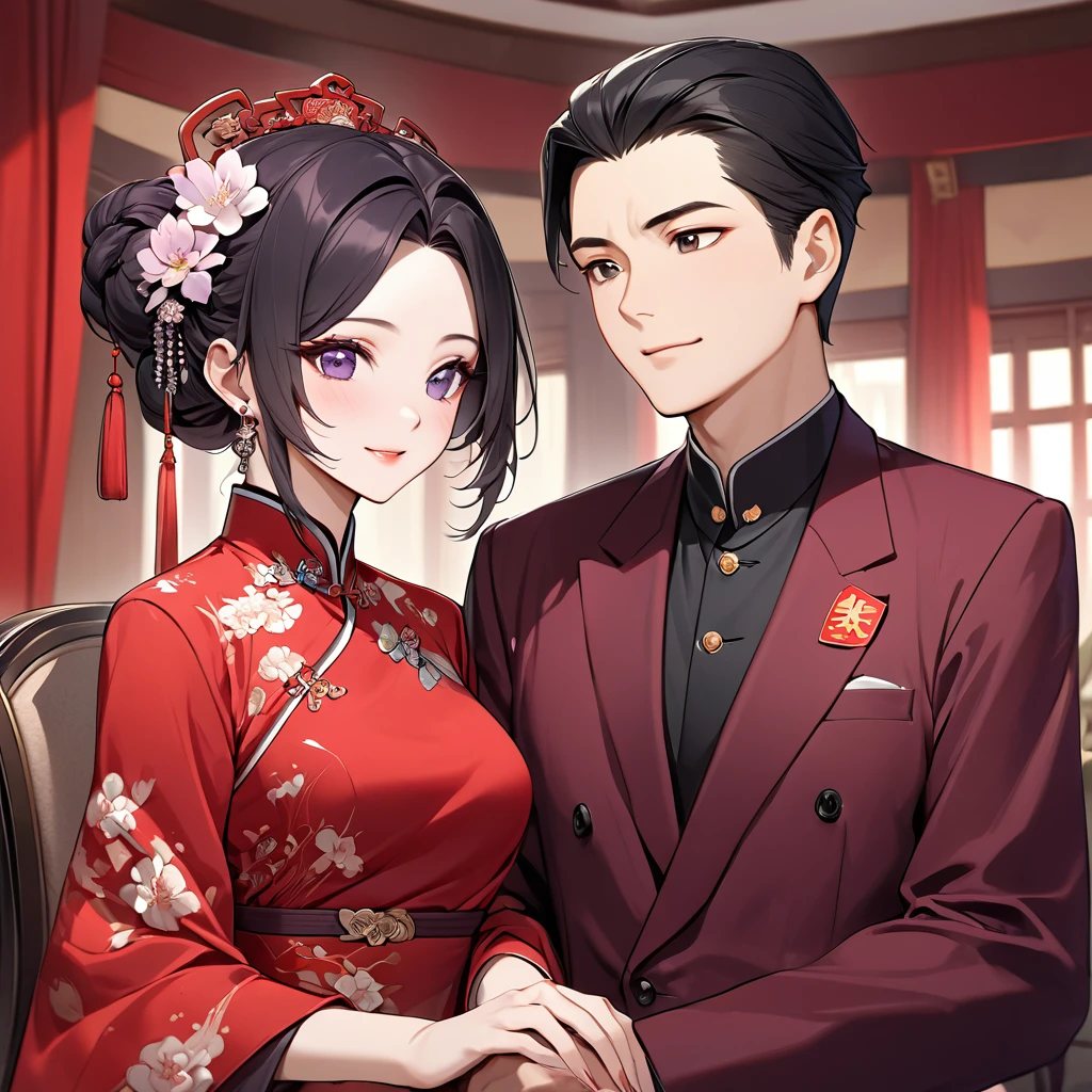 ((Highest quality)), ((masterpiece)), (detailed), (Perfect Face)、The woman is a Chinese woman named Kocho Shinobu.。, Purple gradient bob black hair and formal evening hairstyles. She is wearing an engagement ring. She is a prominent member of the Chinese Communist Party.、She is the honored wife of a great old Communist Party cadre.、The woman is beautifully dressed in a gorgeous red formal suit, typical of the Chinese Communist Party.、An elegant Chinese lady in a posh room、A woman is a wonderful Chinese lady who loves and devotes herself to her husband, a good wife and mother, and the supreme joy of serving her husband and China is the absolutism of the Chinese Communist Party.