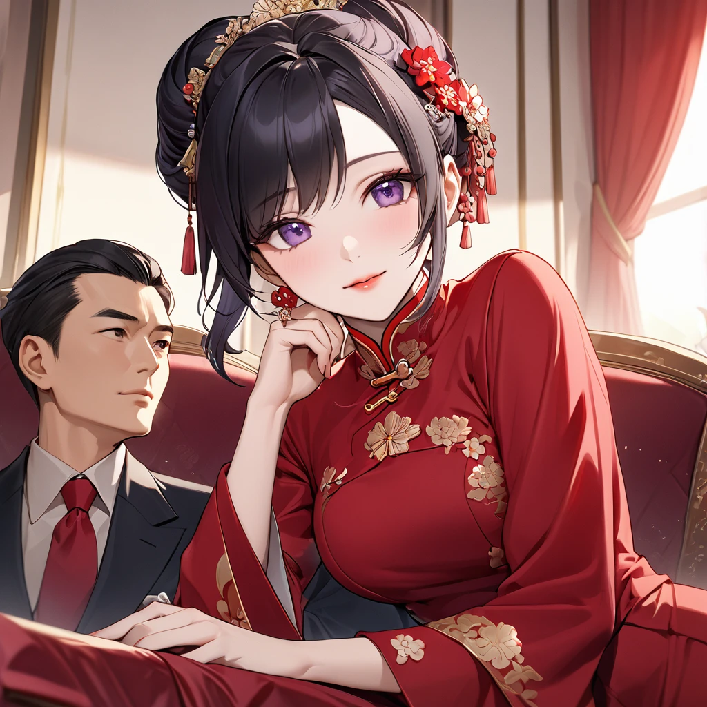 ((Highest quality)), ((masterpiece)), (detailed), (Perfect Face)、The woman is a Chinese woman named Kocho Shinobu.。, Purple gradient bob black hair and formal evening hairstyles. She is wearing an engagement ring. She is a prominent member of the Chinese Communist Party.、She is the honored wife of a great old Communist Party cadre.、The woman is beautifully dressed in a gorgeous red formal suit, typical of the Chinese Communist Party.、An elegant Chinese lady in a posh room、A woman is a wonderful Chinese lady who loves and devotes herself to her husband, a good wife and mother, and the supreme joy of serving her husband and China is the absolutism of the Chinese Communist Party.