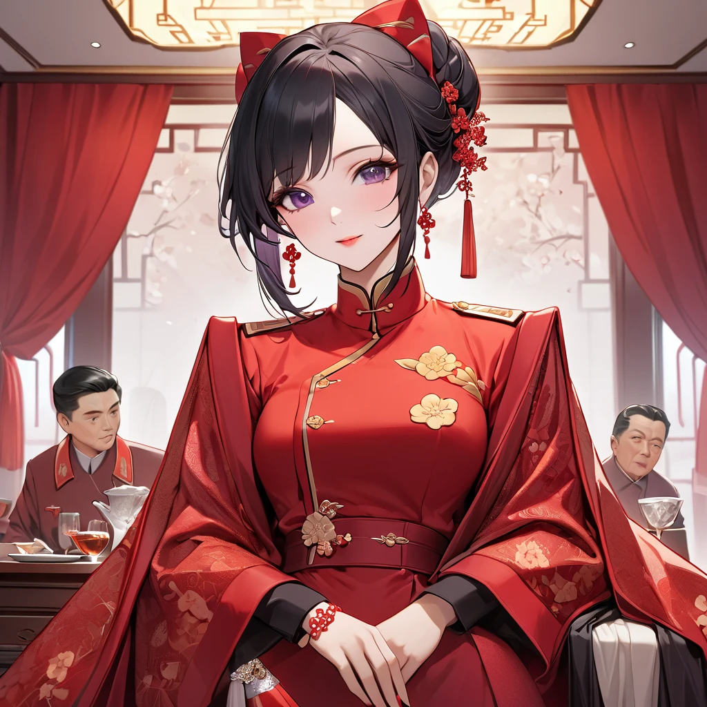 ((Highest quality)), ((masterpiece)), (detailed), （Perfect Face）、The woman is a Chinese woman named Kocho Shinobu.。, Purple gradient bob black hair and formal evening hairstyles. She is wearing an engagement ring. She is a prominent member of the Chinese Communist Party.、She is the honored wife of a great old Communist Party cadre.、The woman is beautifully dressed in the gorgeous and glamorous red Communist Party uniform that is typical of the Chinese Communist Party.、An elegant Chinese lady in a posh room、A woman is a wonderful Chinese lady who loves and devotes herself to her husband, a good wife and mother, and the supreme joy of serving her husband and China is the absolutism of the Chinese Communist Party.