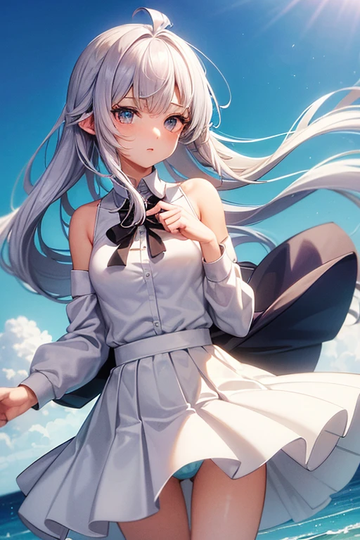 (master_piece, high_quality, beautiful, super delicate, absurdres:1.2), 1girl, mature, , beautiful face, ahoge, hair fluttering in the wind, white hair, blue eye, (long sundress suit, long skirt, The wind is blowing, Skirt flipped up, I can see your underwear, skirt that flipped in the wind, skirt billowing, I can see your underwear, wind lift:1.2), port, (clear water, gemstone sea:1.2), Ship in the distance, The trails that planes make, blue sky, Sunshine, street in the distance,