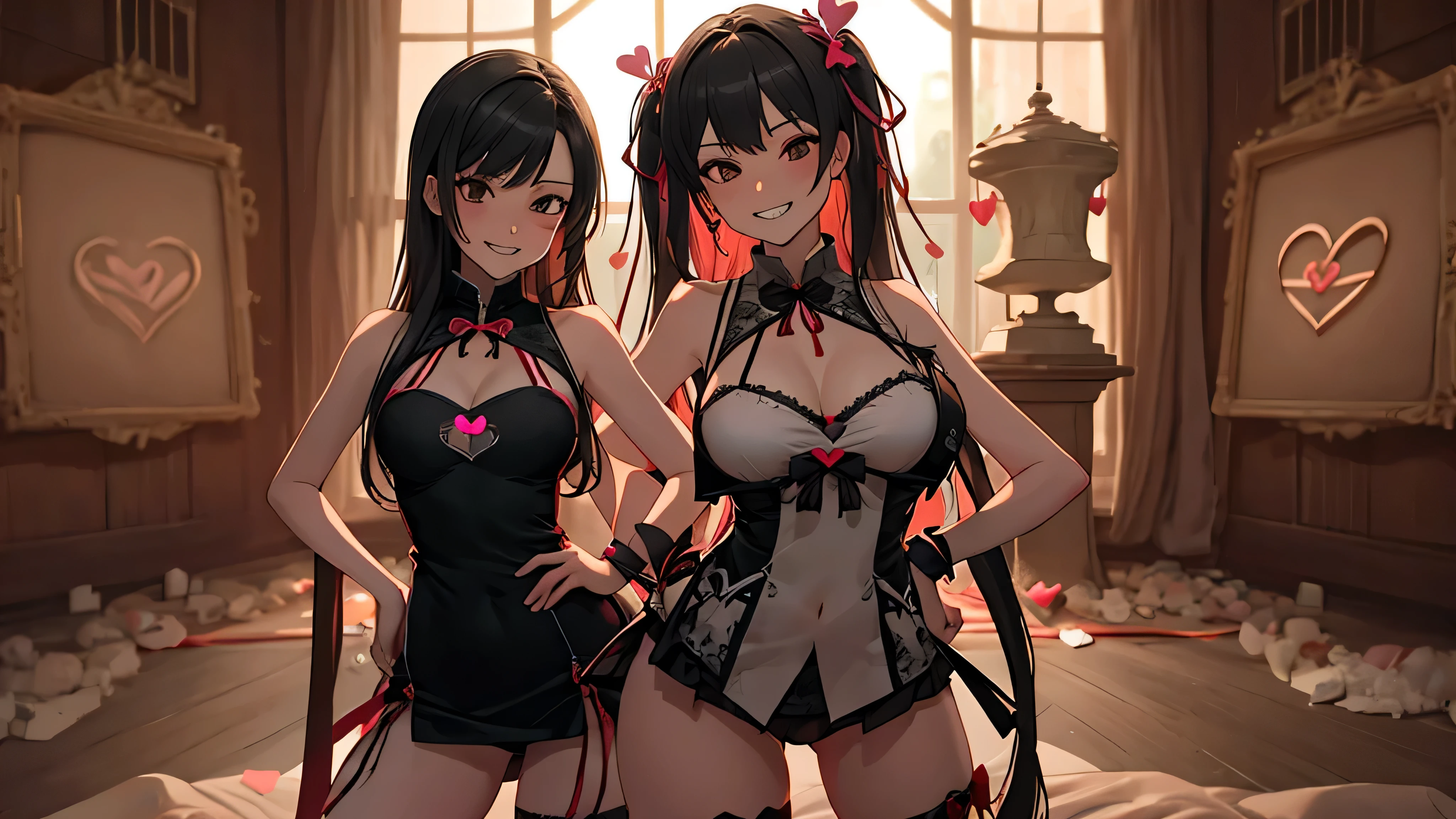 ((masterpiece, Best quality)), edgQuality,complacent,grin,hands on hips,
edgCoquine,Woman ,Wearing edgCoquine,(Heart symbol, Ribbons, sleeveless shirt,carve,Lower chest:1.2)