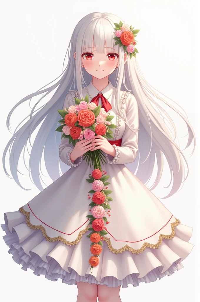 masterpiece, Highest quality, One girl, 一人in, length_hair, Looking_in_Audience, white hair, Red eyes, smile, 前hair, skirt, shirt, length_sleeve, hin, dress, bow, Holding, Closed_mouth, flower, Frills, hair_flower, flowerびら, flower束, Holding_flower, center_Frills, bonnet, Holding_flower束, tachi-e, whole body, White Background,  