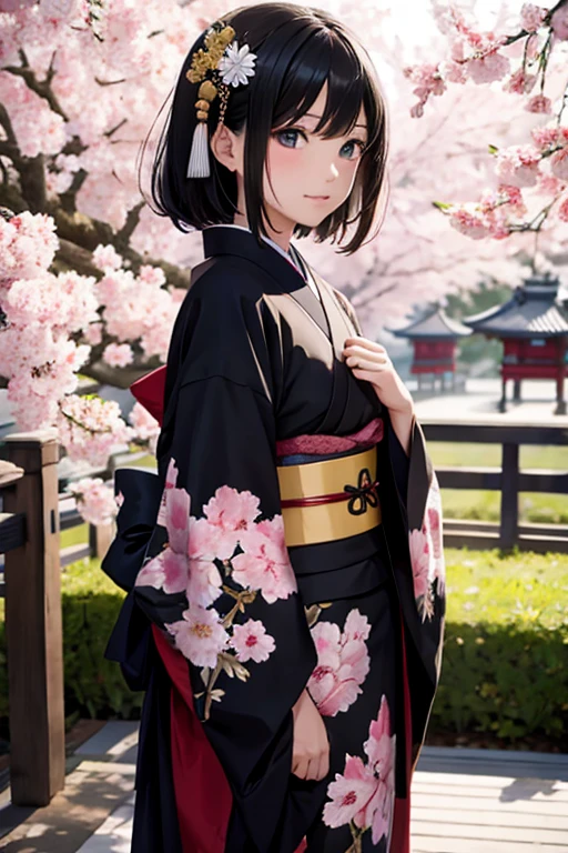 Highest quality, Ultra-high resolution, RAW Photos, Japanese style, kimono, Rin々Shii, Japan, Samurai, Blooming cherry blossoms, Feel the wind, Naginata, (Samurai Armor:1.1), Black Hair Girl