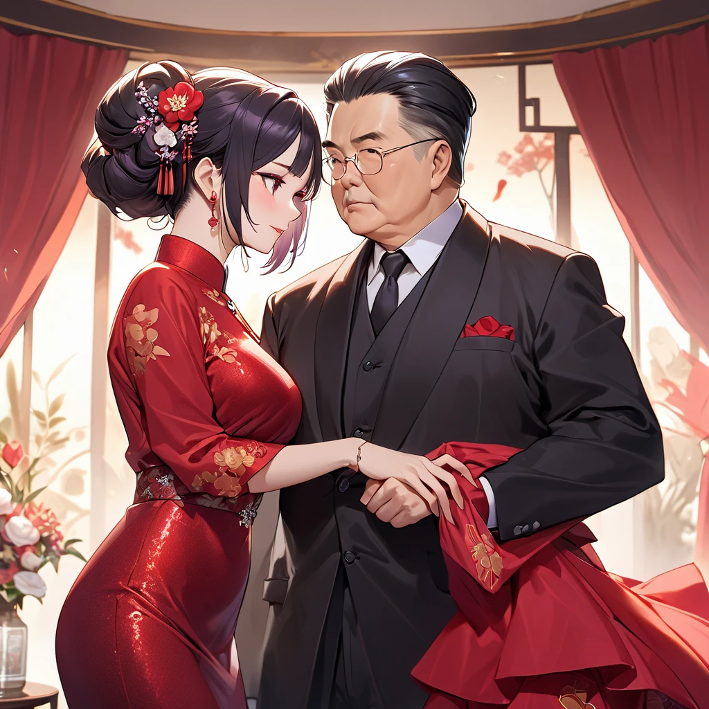 ((Highest quality)), ((masterpiece)), (detailed), （Perfect Face）、The woman is a Chinese woman named Kocho Shinobu.。, Purple gradient bob black hair and formal evening hairstyles. She is wearing an engagement ring. She is a prominent member of the Chinese Communist Party.、She is the honored wife of a great old Communist Party cadre.、The woman is beautifully dressed in a gorgeous and glamorous red mermaid party dress、An elegant Chinese lady in a posh room、A woman is a wonderful Chinese lady who loves and devotes herself to her husband, a good wife and mother, and the supreme joy of serving her husband and China is the absolutism of the Chinese Communist Party.