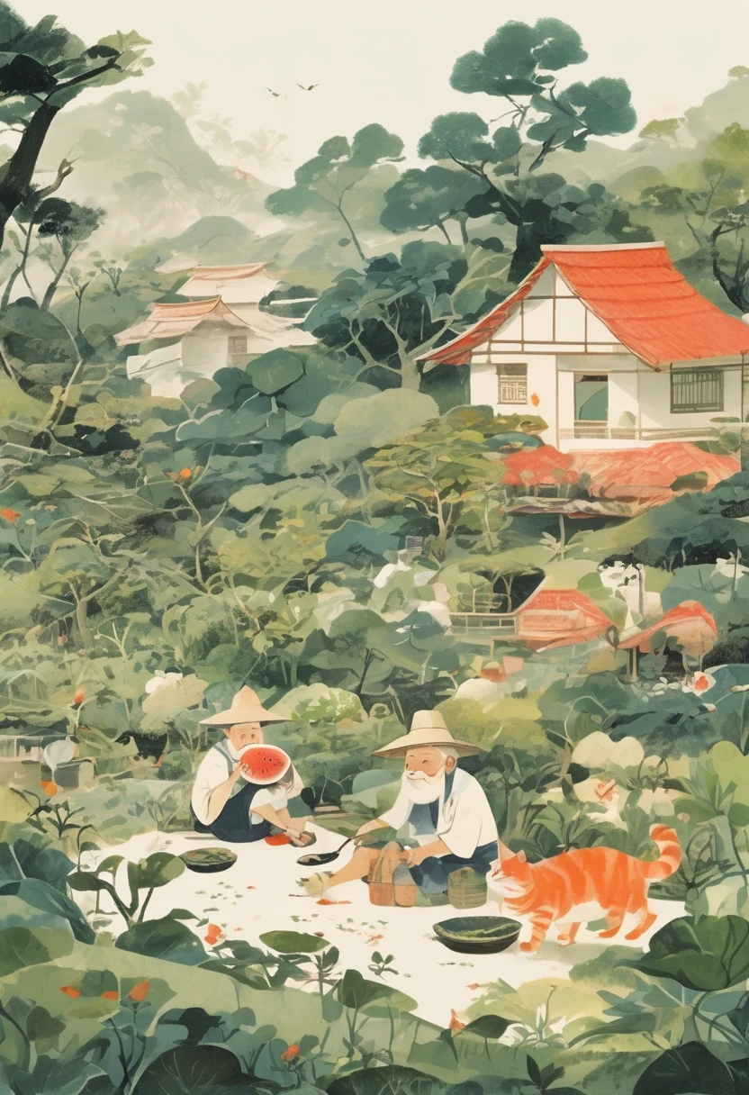 Cartoon Chinese style,An old man wearing a straw hat sits under a thatched hut eating watermelon,and next to an orange cat sits beside him,Features of the comic style,rough drawing,colorful cartoon illustrations,Simple lines,flat coloring,and Chinese-style cartoon characters,flat painting style,lots of white space,clean solid color background,minimalist background,a small amount of content,huge void,mostly empty,very little percentage,a very small proportion,very small content,very large empty space,breathable space, Artistic ink painting,Three-dimensional ink painting,Minimalist graphics,Minimal Art,Clean background,ancient white space,White Space,large white space,Texture Matte,Low saturation,Minimalist composition,Master composition,A person far away,cantered,white background,negative space,simple tattoo,line art,simple drawing,landscape,stylized,(((Lots of white space:1.5))),(Lots of white space:1.6),simple,Minimalism,abstract,Freehand,Aesthetic,unsaturated picture,asymmetric picture,a small object in a vast empty space,minimalist scene with a tiny subject in the center,centered small subject with large white space around it,(((small focal point))),(((minimal objects))),(((tiny subject))),no detailed backgrounds,(((empty space))),simple composition,avoiding clutter,no large elements,(((minimalist))),lack of intricate details,wide empty space,sparse,dominant blank space,simple scene,(((less busy))),(((without detailed objects))),(((no complex backgrounds))),