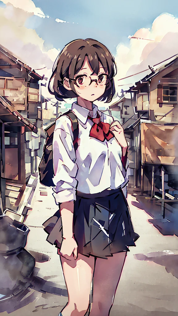Night、Nsfw、masterpiece, high quality, 4K, HDR,, Stable Diffusion prompt: schoolgirl with short、brown hair and red-framed glasses, wearing a white blouse and navy skirt, white panties visible, navy socks and brown loafers, in a state of arousal and trembling with sexual climax,simple illustration style, in a nichijou (everyday life) setting