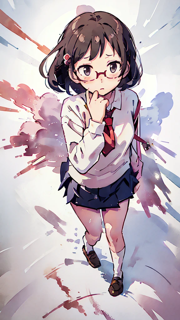 Night、Nsfw、masterpiece, high quality, 4K, HDR,, Stable Diffusion prompt:  schoolgirl with short、brown hair and red-framed glasses, wearing a white blouse and navy skirt, white panties visible, navy socks and brown loafers, in a state of arousal and trembling with sexual climax,simple illustration style, in a nichijou (everyday life) setting