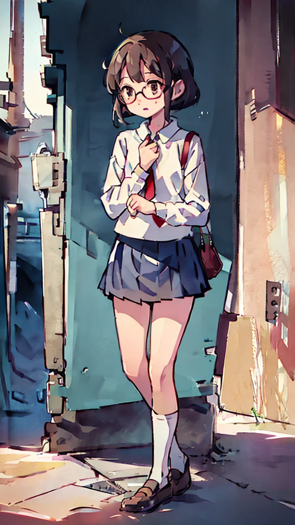 Night、Nsfw、masterpiece, high quality, 4K, HDR,, Stable Diffusion prompt: schoolgirl with short、brown hair and red-framed glasses, wearing a white blouse and navy skirt, white panties visible, navy socks and brown loafers, in a state of arousal and trembling with sexual climax,simple illustration style, in a nichijou (everyday life) setting