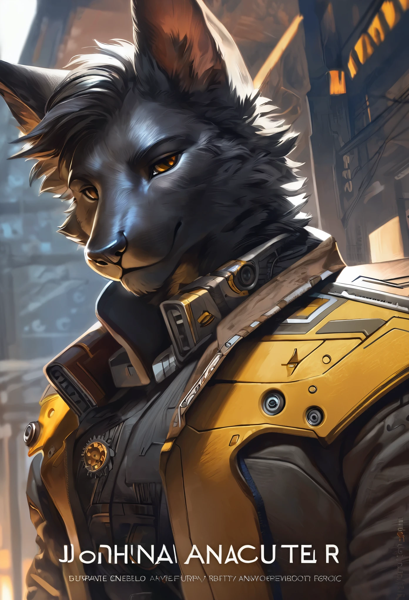 cover page, highres, top quality, best quality, paid reward available, unparalleled masterpiece, perfect artwork, absurdres, High-quality illustrations by Johannes Vermeer, Dark_Fantasy, Cyberpunk, steam punk(super handsome boy, muscular, single, black fur, anubis, kemono)Mechanical marvel, Robotic presence, Cybernetic guardian, robotic arm, wearing a worn-out mech suit, intricate(steel metal, rusty)(furry anthro:1.7)(Furry body, anubis facial features, anubis body features)elegant, clear focus, shot by greg rutkowski, soft lighting, vibrant colors, masterpiece((street))cowboy shot, dynamic angle,