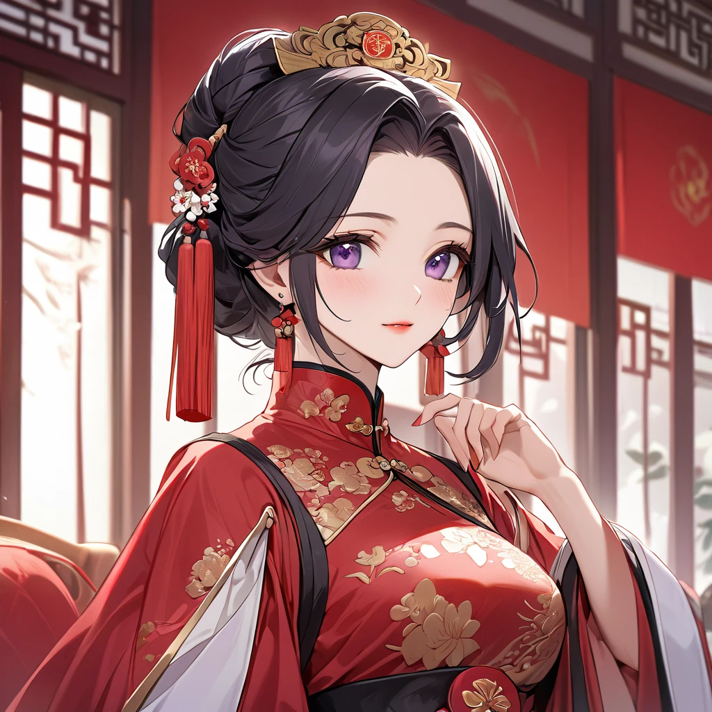 ((Highest quality)), ((masterpiece)), (detailed), (Perfect Face)、The woman is a Chinese woman named Kocho Shinobu.。, Purple gradient bob black hair and formal evening hairstyles. She is wearing an engagement ring. She is a prominent member of the Chinese Communist Party.、She is the honored wife of a great old Communist Party cadre.、A woman is beautifully dressed in a luxurious and gorgeous red ancient Chinese empress costume in ancient Chinese court attire、An elegant Chinese lady in a posh room、A woman is a wonderful Chinese lady who loves and devotes herself to her husband, a good wife and mother, and the supreme joy of serving her husband and China is the absolutism of the Chinese Communist Party.