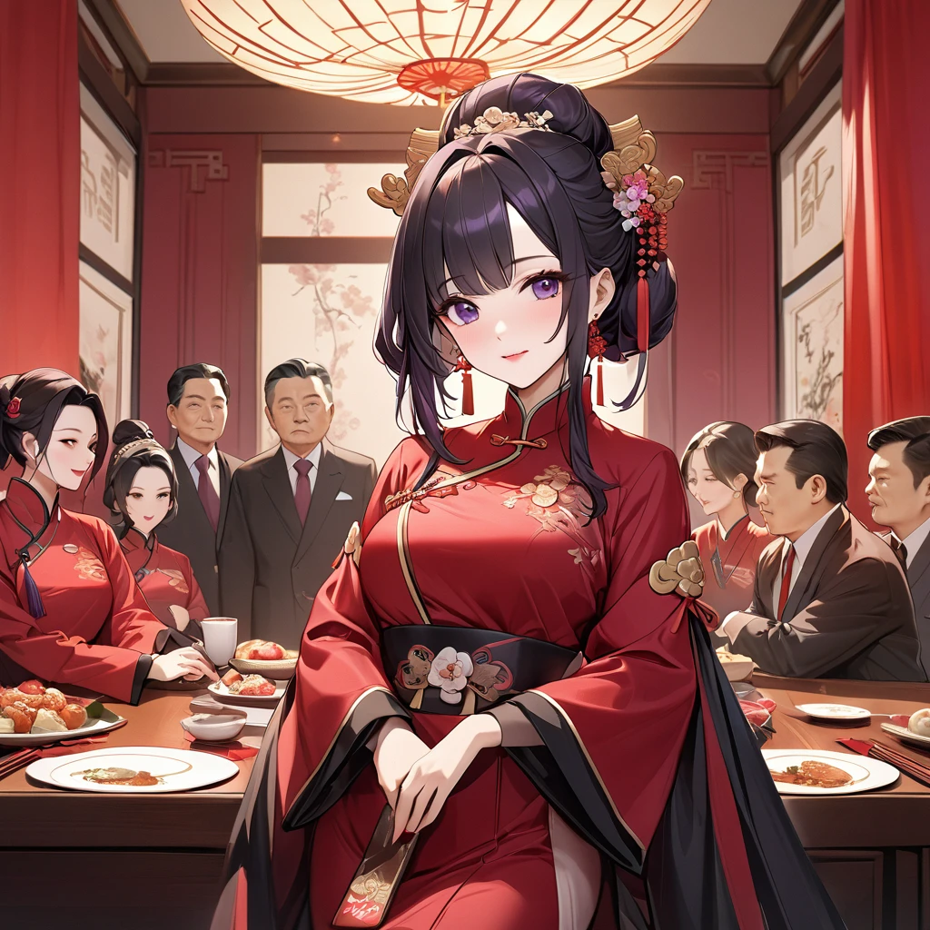 ((Highest quality)), ((masterpiece)), (detailed), (Perfect Face)、The woman is a Chinese woman named Kocho Shinobu.。, Purple gradient bob black hair and formal evening hairstyles. She is wearing an engagement ring. She is a prominent member of the Chinese Communist Party.、She is the honored wife of a great old Communist Party cadre.、A woman is beautifully dressed in a luxurious and gorgeous red ancient Chinese empress costume in ancient Chinese court attire、An elegant Chinese lady in a posh room、A woman is a wonderful Chinese lady who loves and devotes herself to her husband, a good wife and mother, and the supreme joy of serving her husband and China is the absolutism of the Chinese Communist Party.