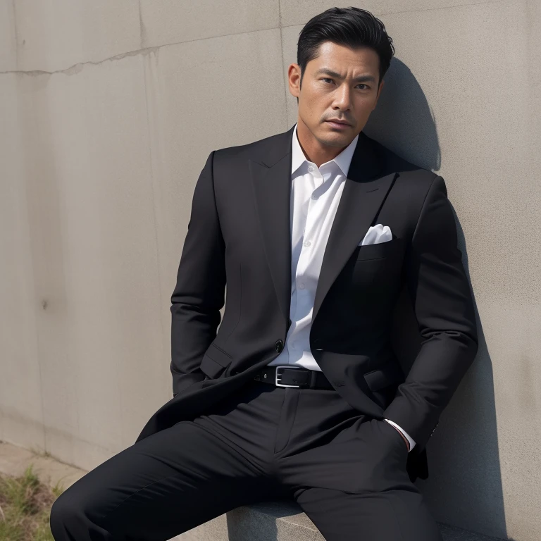 50 years old,One Man,Black Suit,mafia、Sit on the wall with your legs apart、erection、The crotch area is bulging、Lookout、gun、Dark-skinned Asian man with narrow eyes、,muscle,Gay ,Very short hair、,Stubble、Stubble,Asian man's face,Hermes Belt。Black socks、Seen from below