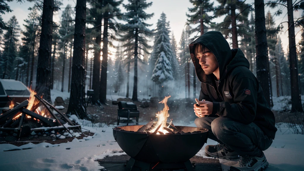 someone sitting in front of a campfire in a hoodie, cryo render, cryo render 8 k, cryo render, cryo render 8 k, cryo render 8 k uhd, with cryo render, by a campfire in the woods, rendered in cryo render, cryo render 8k uhd, cryo render 8 k uhd, cryo render 8 k uhd, cryo octane