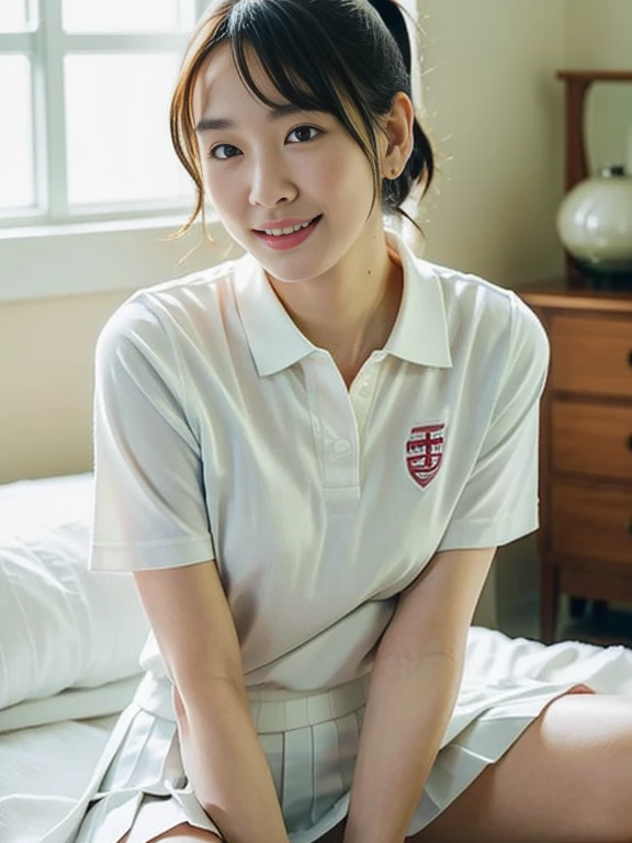 (Masterpiece, Best quality:1.3), (Ultra realistic, Photo-realistic:1.2), From above, Slender, Seductive pose, Bedroom eyes, Beautiful thighs, Natural light, 28 years old actress, Japanese 2women, Neat and clean, (Ponytail hairstyle:1.2), Short wavy hair, (Wearing white tennis uniform, White short-sleeve polo shirt:1.2), (unbutton:1.3), (Wearing White tennis pleated skirt:1.2), Wearing white sock, (Beautiful face), Oval face, clear, Beautiful eyes, Kind eyes, Clear skin, Small face, Beautiful mouth, Small mouth, Natural makeup, Approachable, Seductive smile, Embarrassed, Blush, Luxury hotel Suite room, Sitting with Knees Up on bed, spread legs,