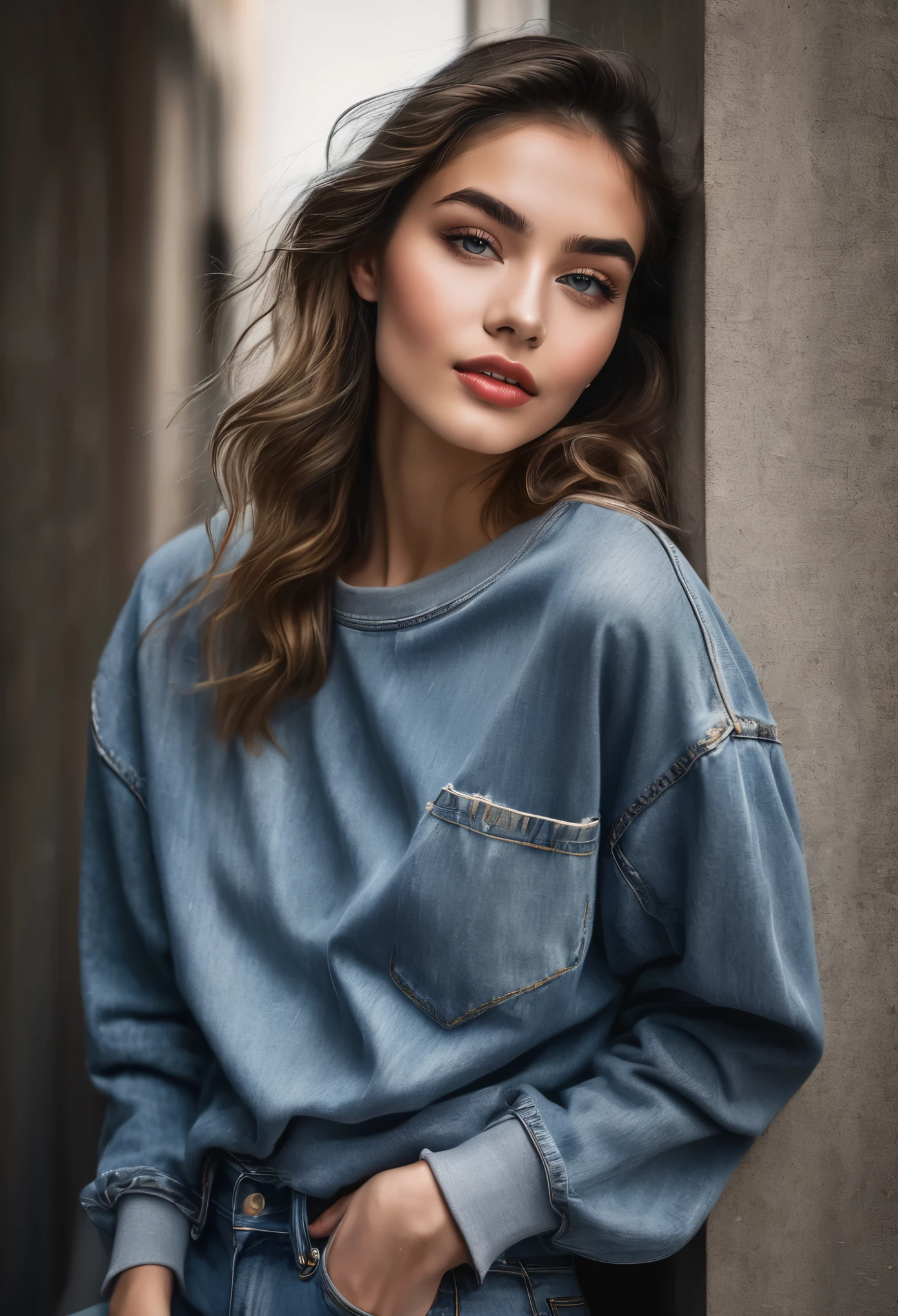 young woman,denim pants,sweatshirt, 20yrs old, detailed face, beautiful detailed eyes, beautiful detailed lips, high fashion, elegant, dramatic lighting, cinematic, smiling, high contrast, rich colors, vogue, editorial, (best quality,4k,8k,highres,masterpiece:1.2),ultra-detailed,(realistic,photorealistic,photo-realistic:1.37)