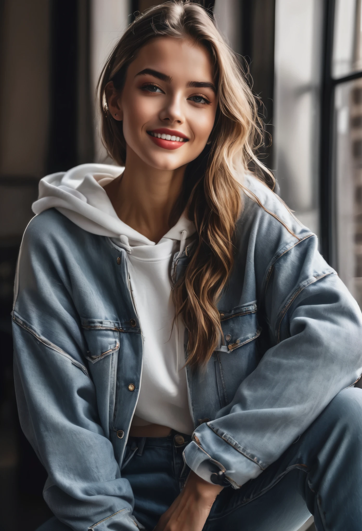 young woman,denim pants,sweatshirt, 20yrs old, detailed face, beautiful detailed eyes, beautiful detailed lips, high fashion, elegant, dramatic lighting, cinematic, smiling, high contrast, rich colors, vogue, editorial, (best quality,4k,8k,highres,masterpiece:1.2),ultra-detailed,(realistic,photorealistic,photo-realistic:1.37)